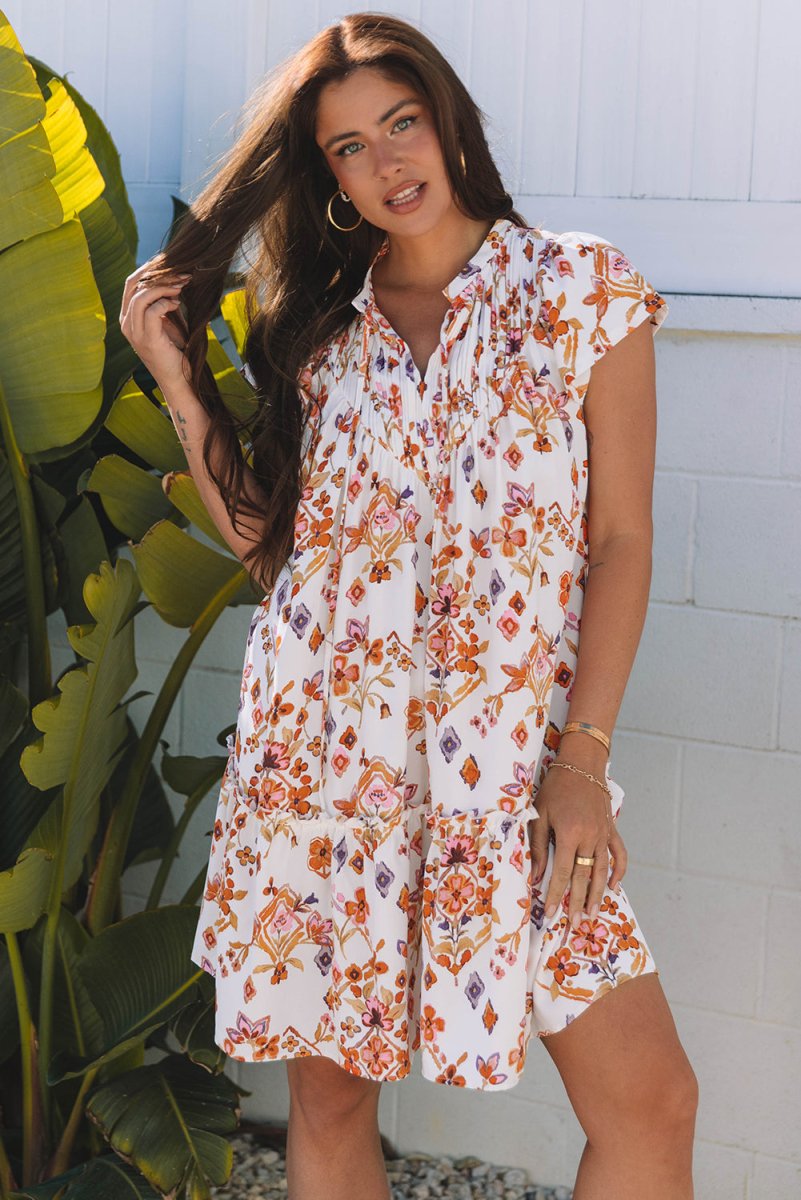 Apricot Floral Geometric Print Ruffled Trim Flutter Sleeve Dress - Elegant Summer Party & Wedding Guest Outfit