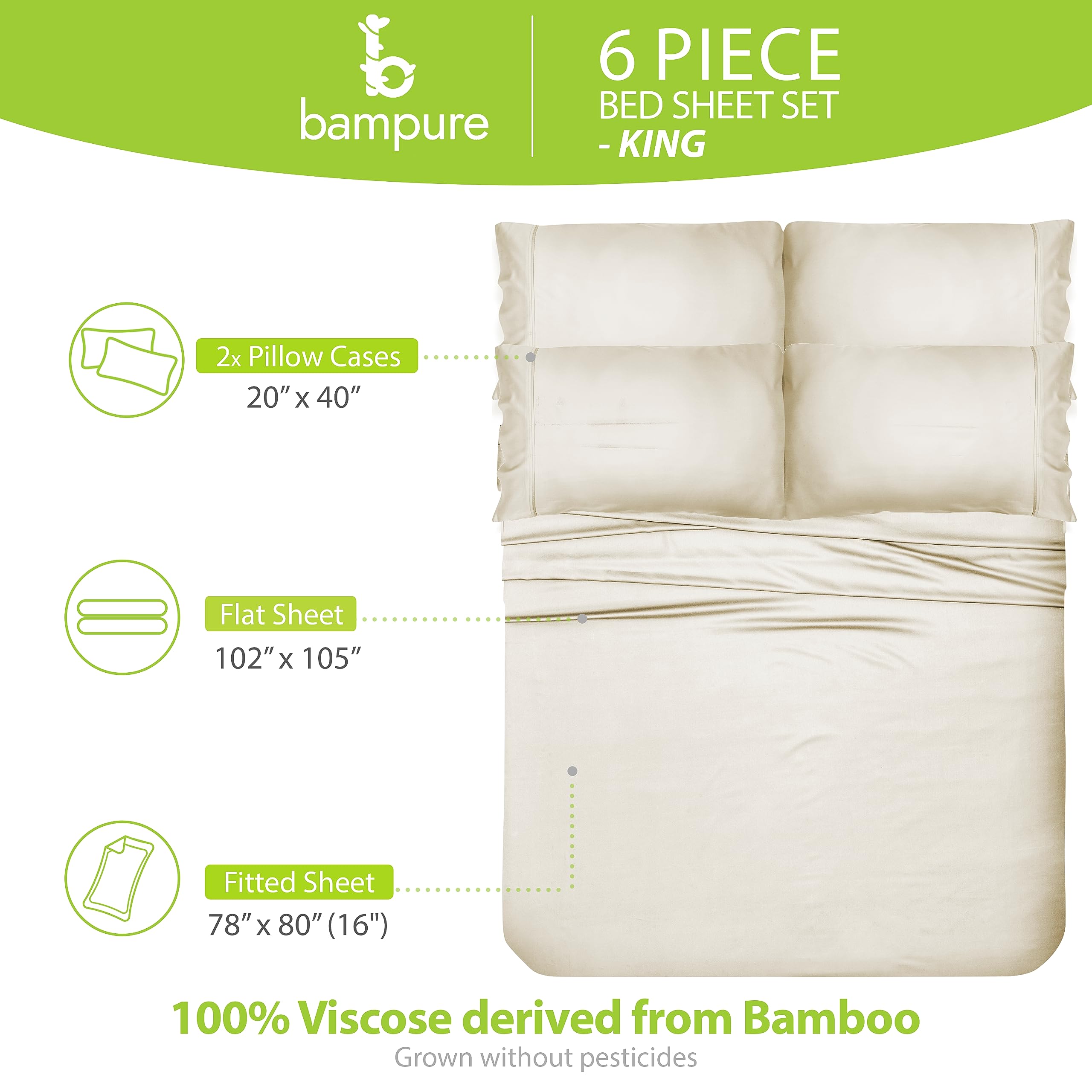BAMPURE Luxury 6-Piece King Sheet Set - 100% Bamboo Viscose, Super Soft & Cooling for Hot Sleepers - Deep Pocket Fits Up to 16