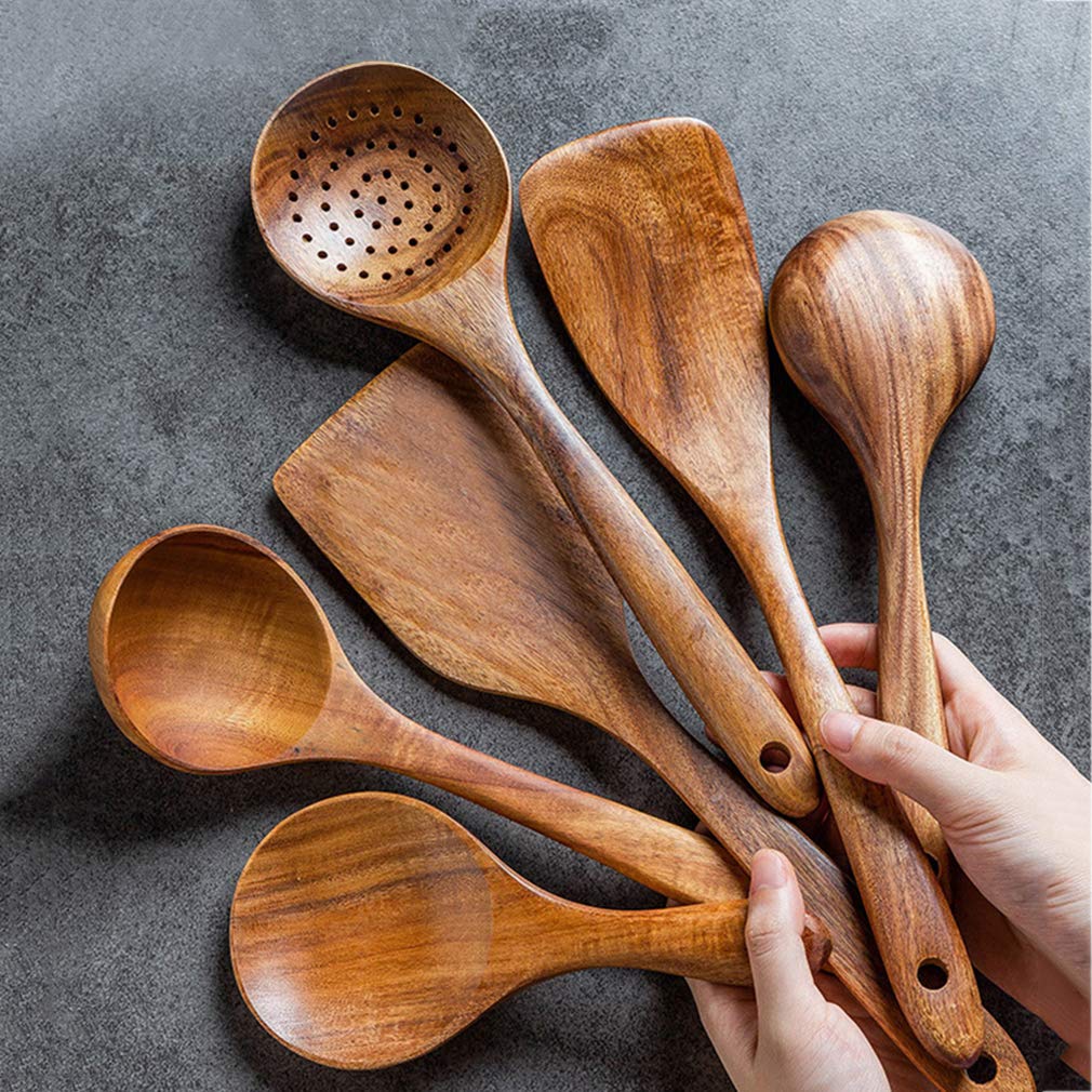 Premium Wooden Kitchen Cooking Utensils Set - 12-Piece Non-Stick Heat Resistant Cookware with Holder - Natural Bamboo Kitchen Gadgets Tools for Baking, Stirring & Serving - Ideal Housewarming Gift for New Homeowners