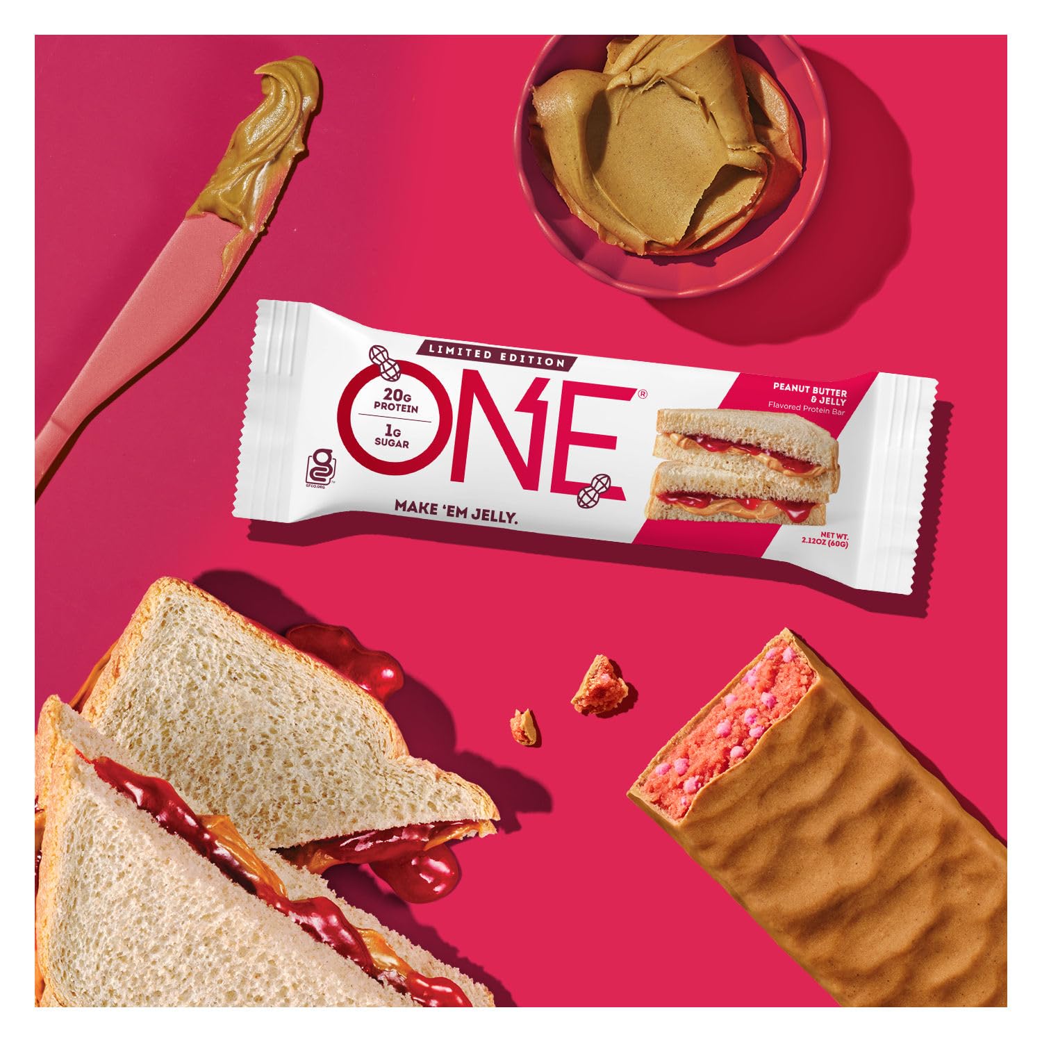 ONE Protein Bars, Peanut Butter & Jelly Flavor - Gluten Free, 20g Protein, 1g Sugar, Keto Friendly Snack - 2.12oz (12 Count) - Perfect for Post-Workout Recovery, Healthy On-the-Go Breakfast or Office Snacks