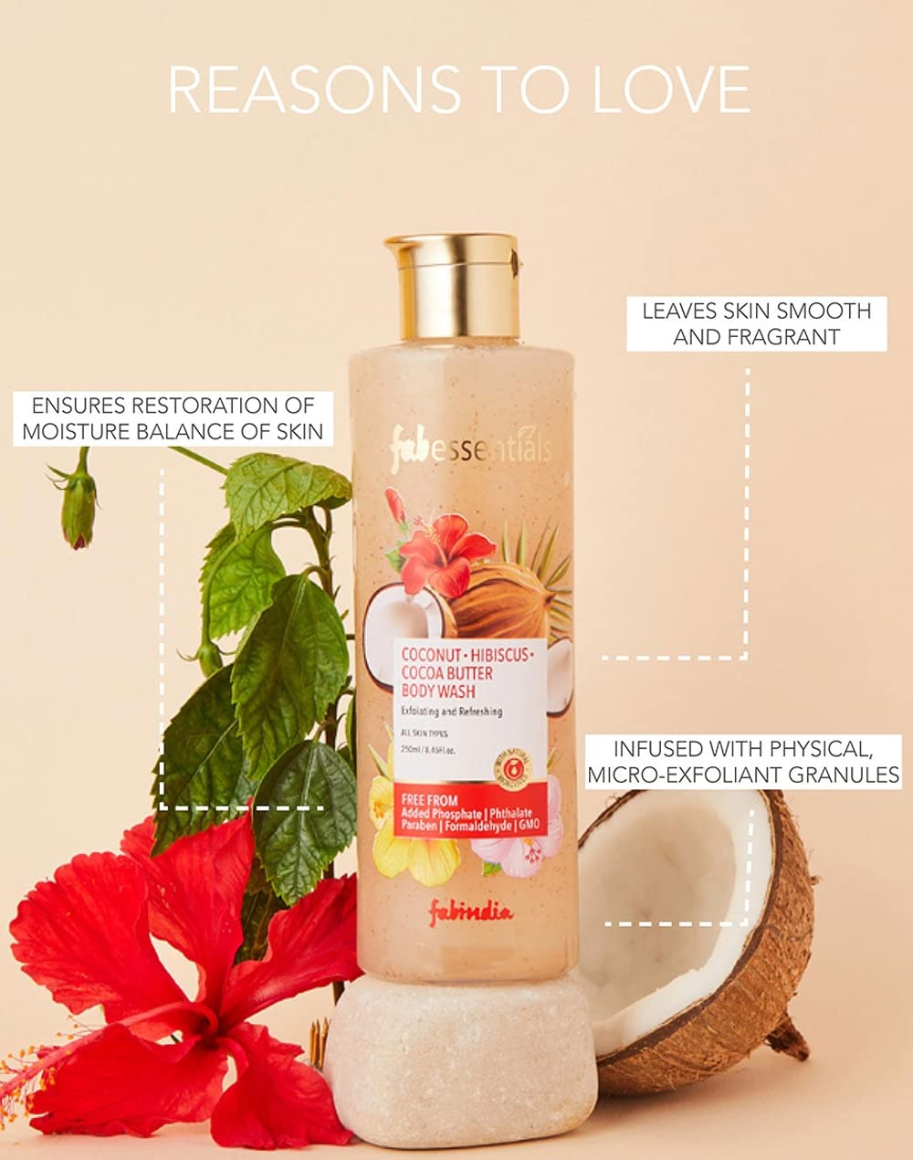 Fabessentials Coconut Hibiscus Cocoa Butter Exfoliating Body Wash - 250ml | Aloe Vera & Vitamin E Enriched | Gentle Cleansing & Hydrating Body Wash for Soft Skin | Deep Nourishing & Brightening Moisturizer | Perfect for Dry Skin & Daily Shower Routine