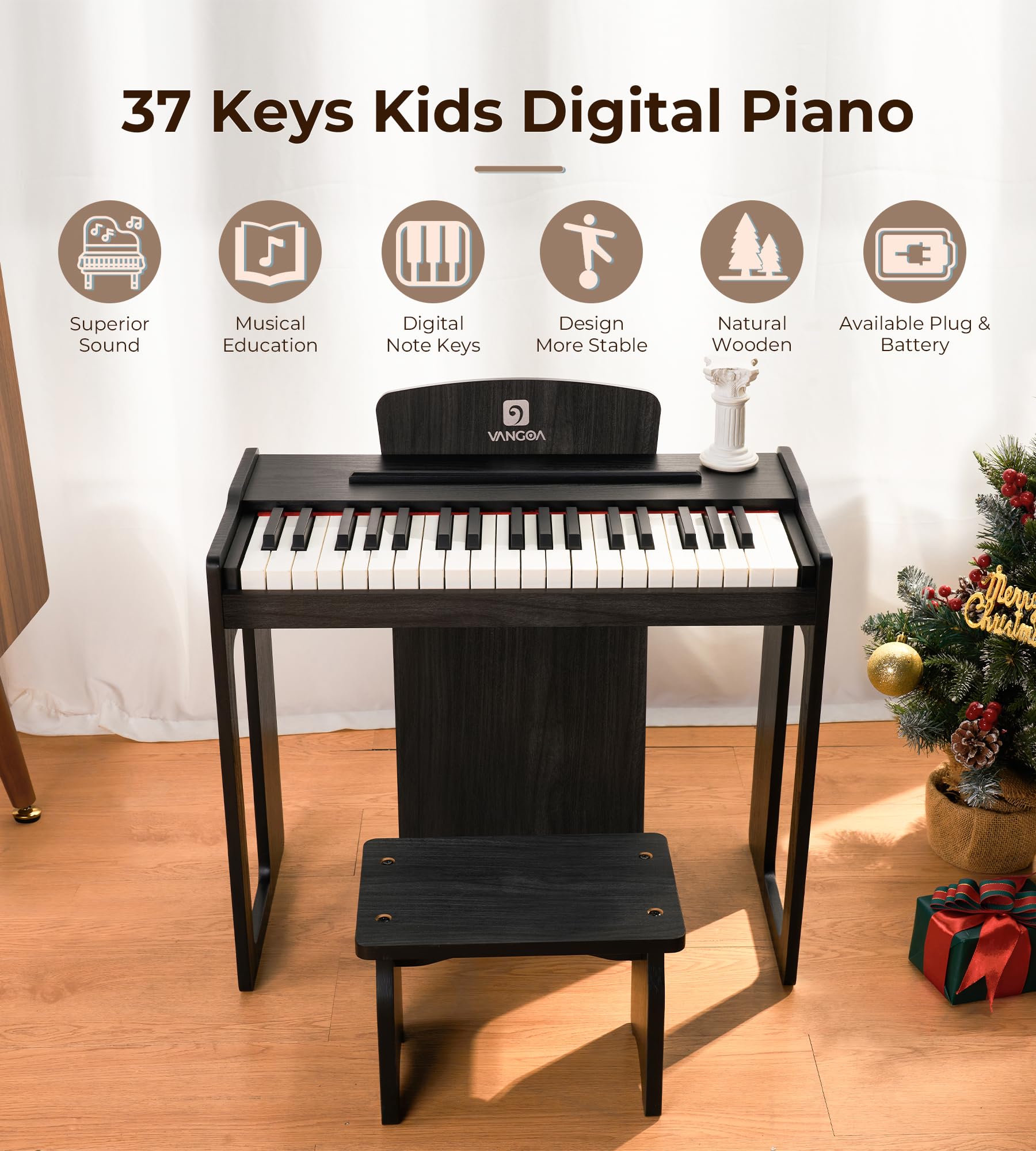 Vangoa 37-Key Kids Digital Piano Keyboard - Portable Electronic Piano for Children, Music Learning Toy with Wooden Design - Perfect for Girls & Boys (Classic Black) | Ideal for Home, School & Music Lessons