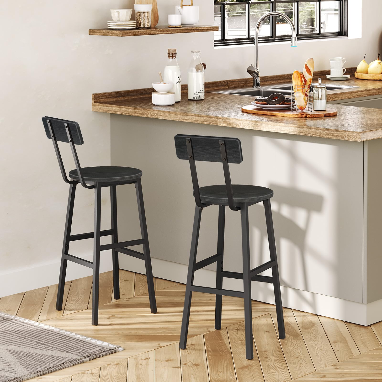 2-Pack Black Bar Stools with Back & Footrest - 24.4 Inch Round Counter Height Stools for Kitchen, Dining Room & Home Bar - Perfect for Breakfast Nooks, Pub Tables & Entertainment Areas