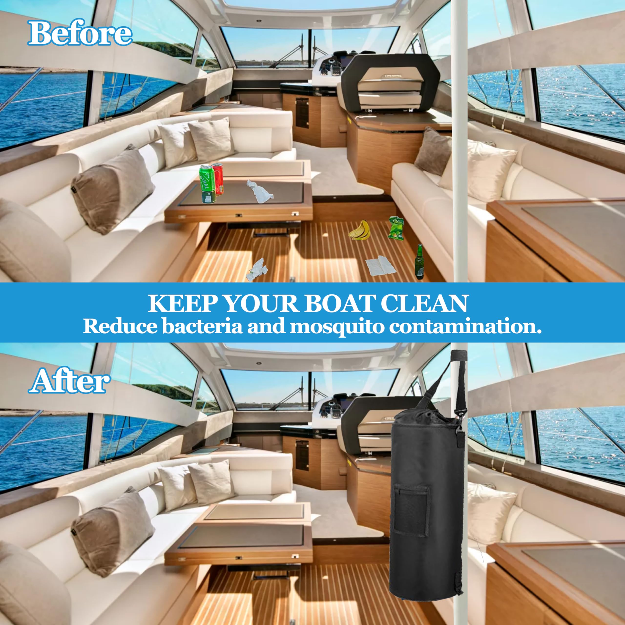 800D Odor & Leak Proof Reusable Boat Trash Bag with 6 Clips & Side Pockets - 10-13 Gallon Marine Garbage Can for Pontoon Boats | Perfect for Fishing Trips, Camping & Outdoor Water Activities