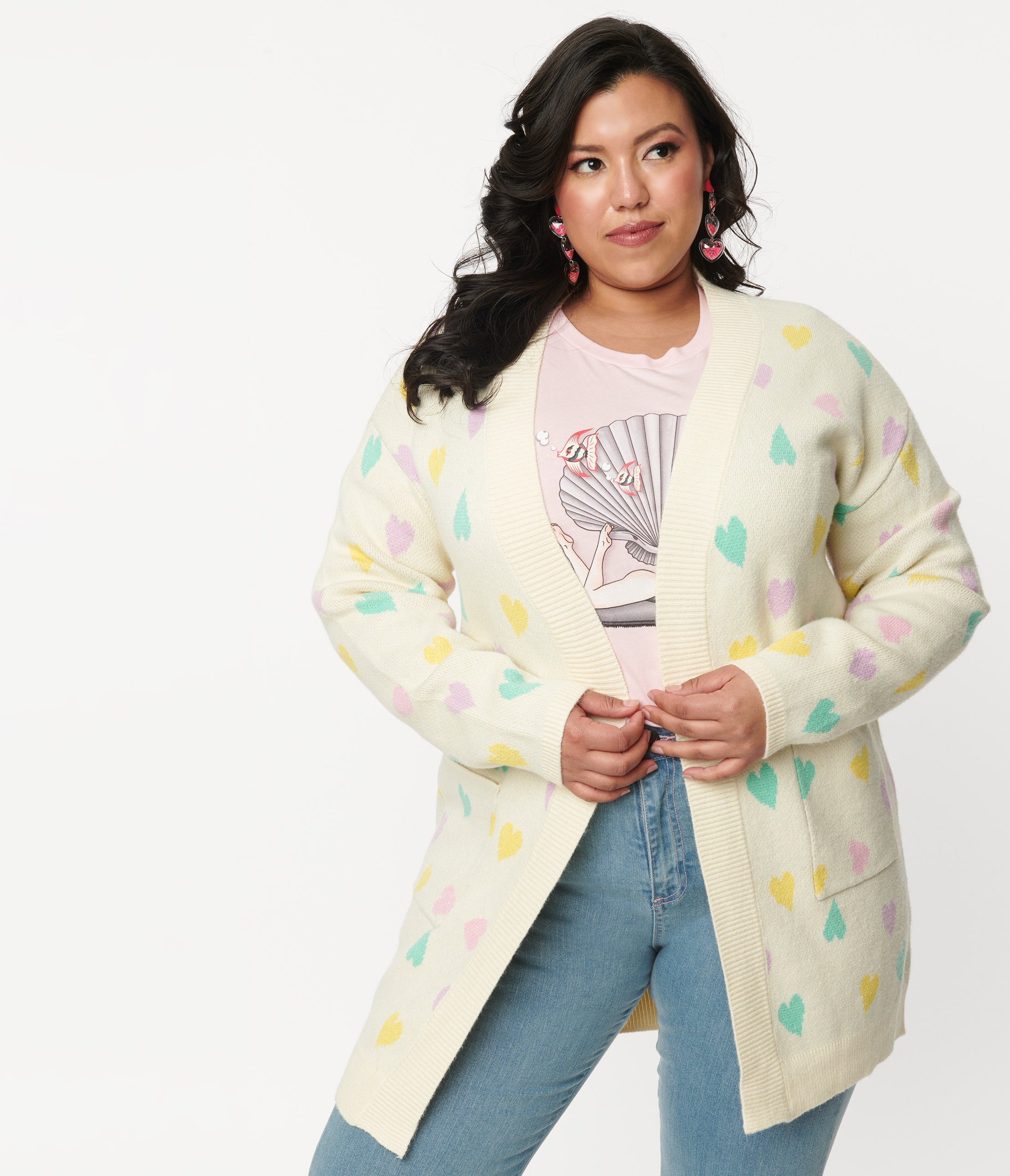 Plus Size Cream & Pastel Hearts Cardigan for Women - Soft Knit Open Front Sweater | Casual Chic Outfits for Date Night & Spring Layering