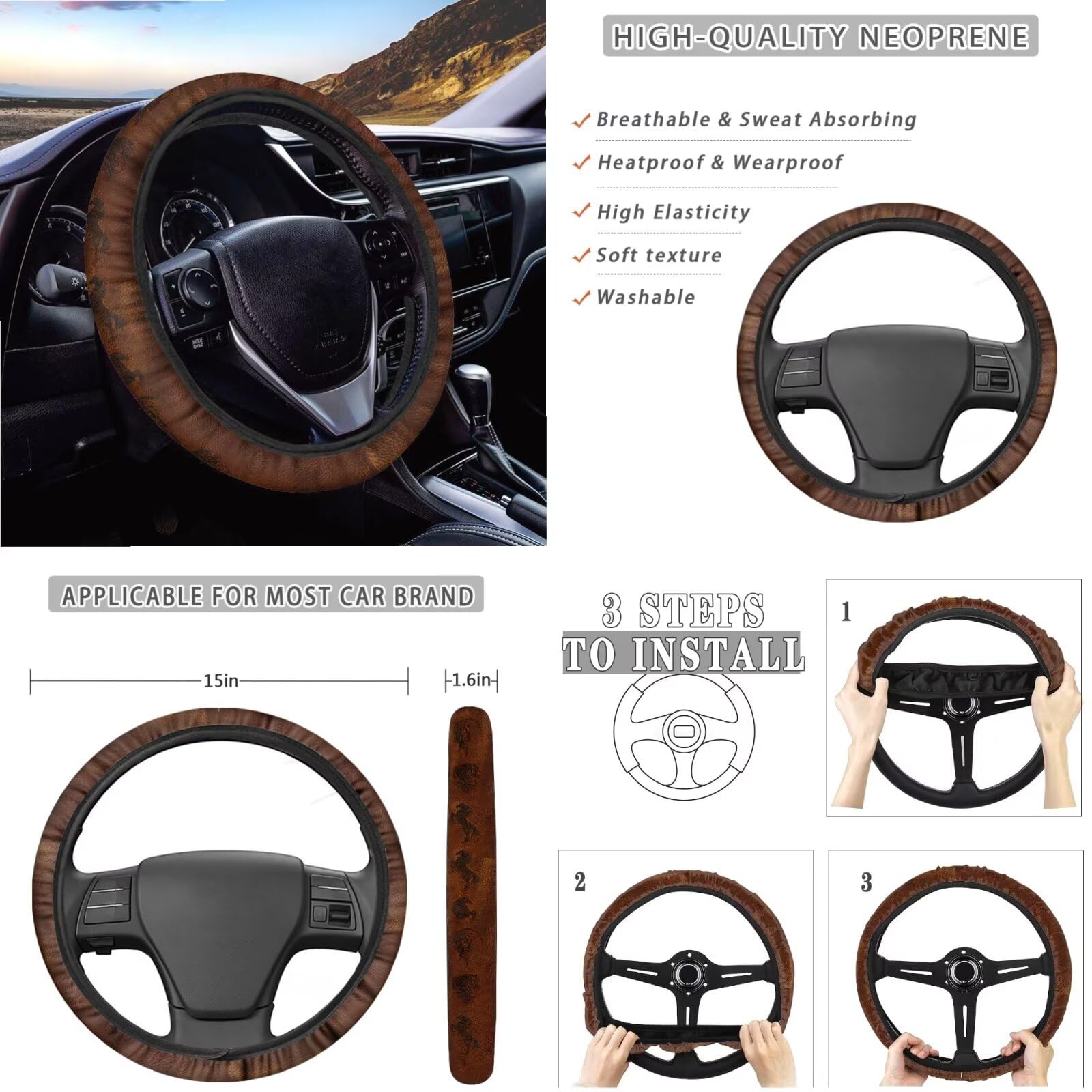 Aztec Horse Print Car Seat Covers 11-Piece Set - American Tribal Style Front & Rear Split Seat Protectors with Steering Wheel Cover, Seatbelt Pads, Cup Holder & Keychain - Perfect for SUV, Truck & Car Interior Accessories & Gifts