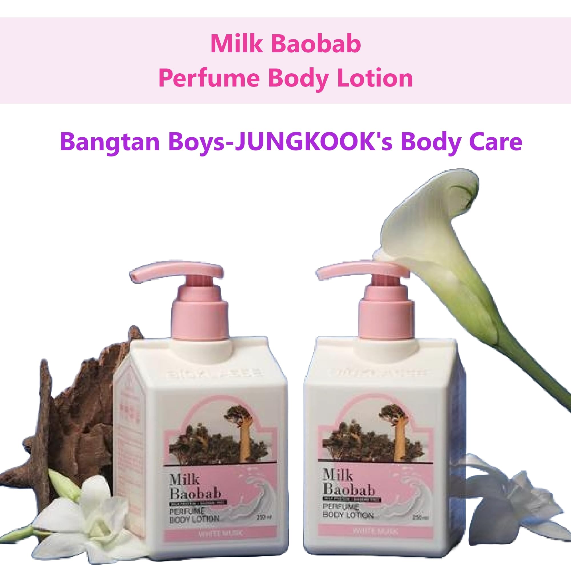 BTS JUNGKOOK Inspired White Musk Scented Body Lotion - Milk Baobab Moisturizing Cream 250ml (2-Pack) | Korean Skincare Gift Set for ARMY Fans, Daily Hydration & Relaxation