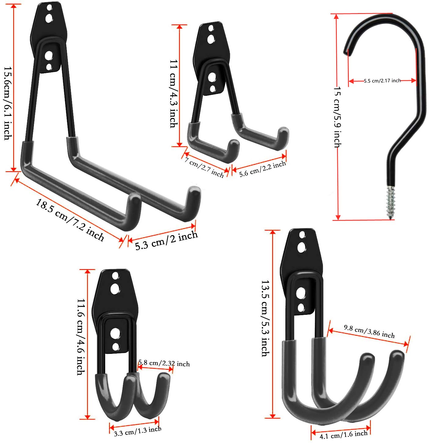 Heavy Duty Garage Hooks - 16 Pack Steel Wall Mount Storage Hooks with Anti-Slip Coating for Ladders, Garden Tools & Bulky Items (14 Inch, Black) - Perfect for Garage Organization, Workshop Storage & Home Utility Hanging