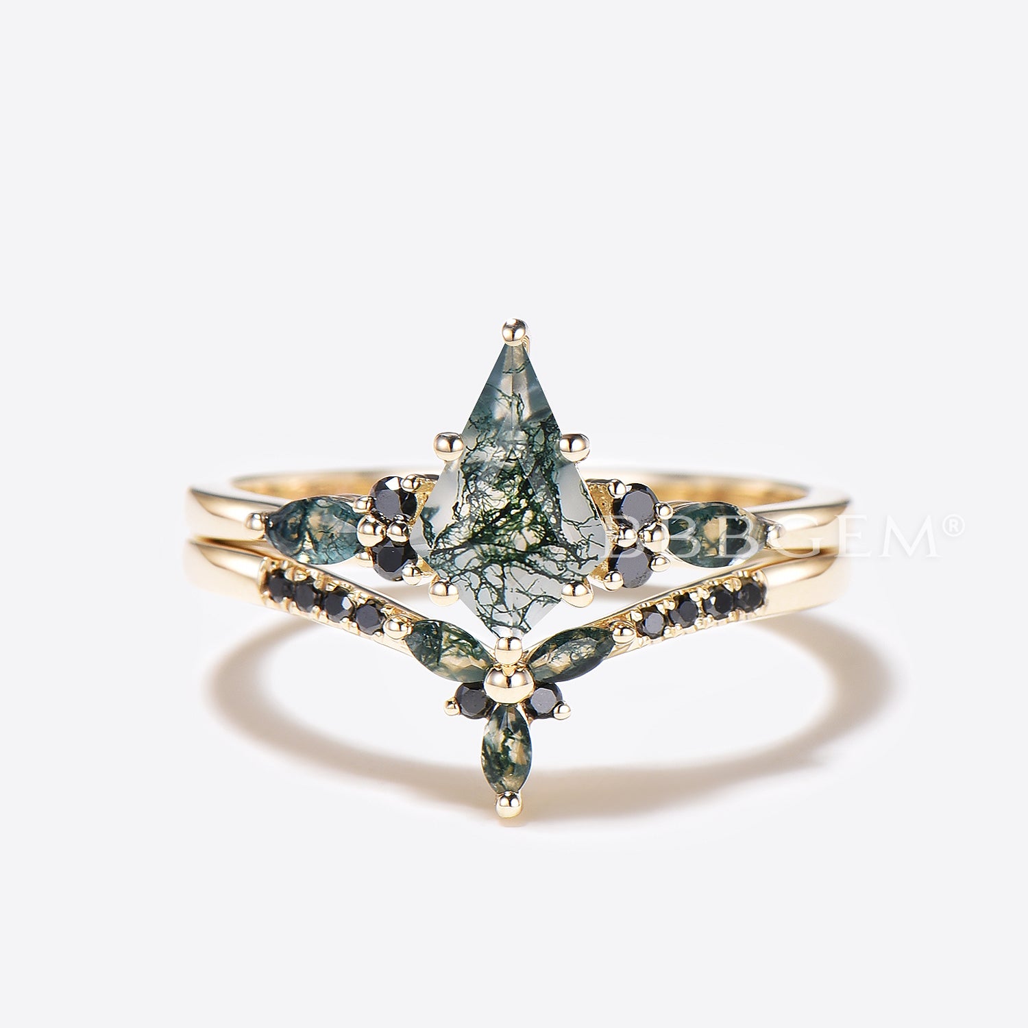 **Moss Agate Engagement Ring Set with Kite Cut Cluster & Black Spinel – Perfect for Weddings, Proposals, and Anniversary Gifts**