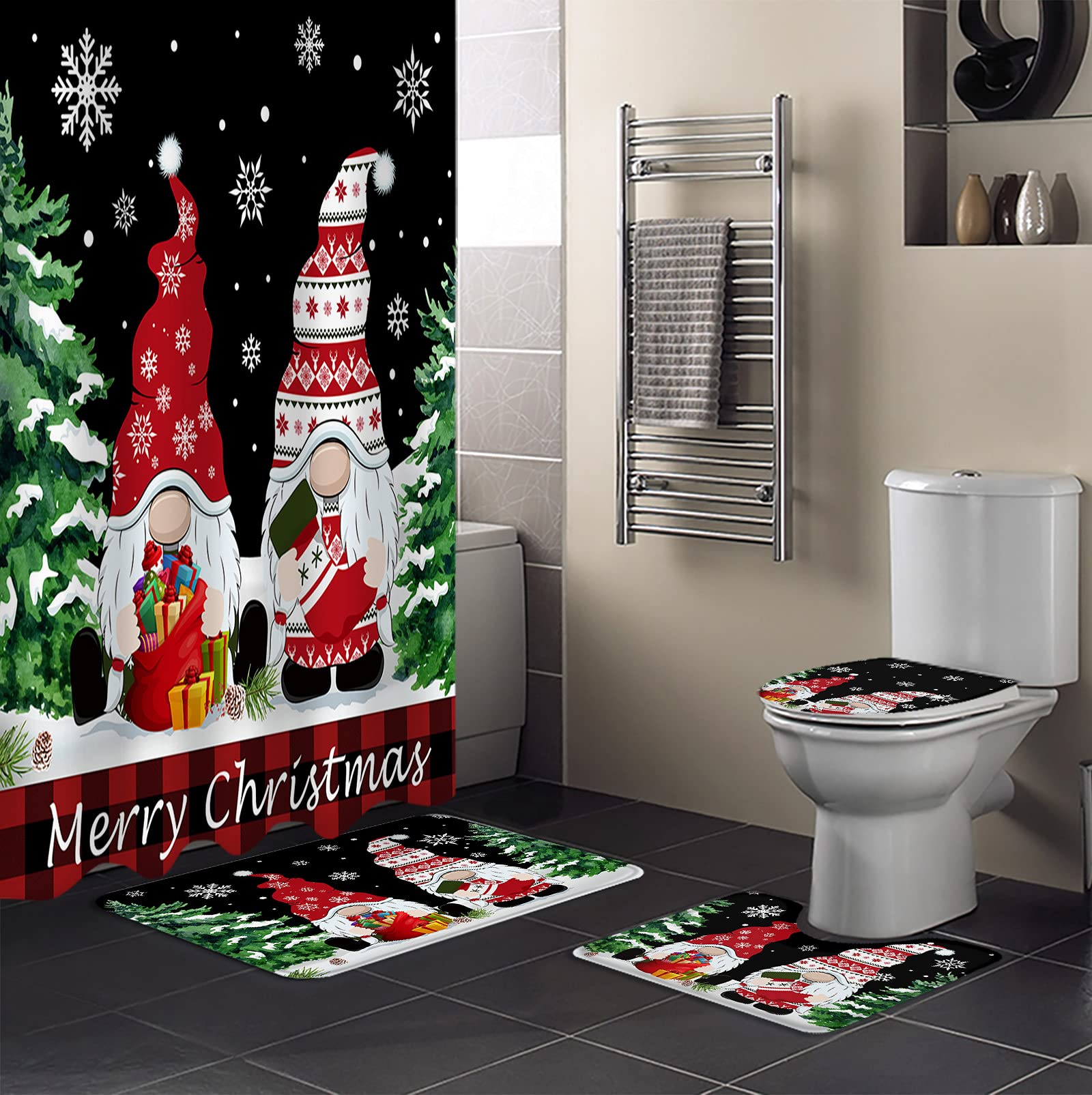 4PCS Non-Slip Bathroom Mat Set - Christmas Gnome Elves Snowflake Winter Decor for Toilet, Shower & Bathtub - Water Absorbent Bath Mats, Toilet Seat Cover & Shower Curtain for Holiday Home Decor