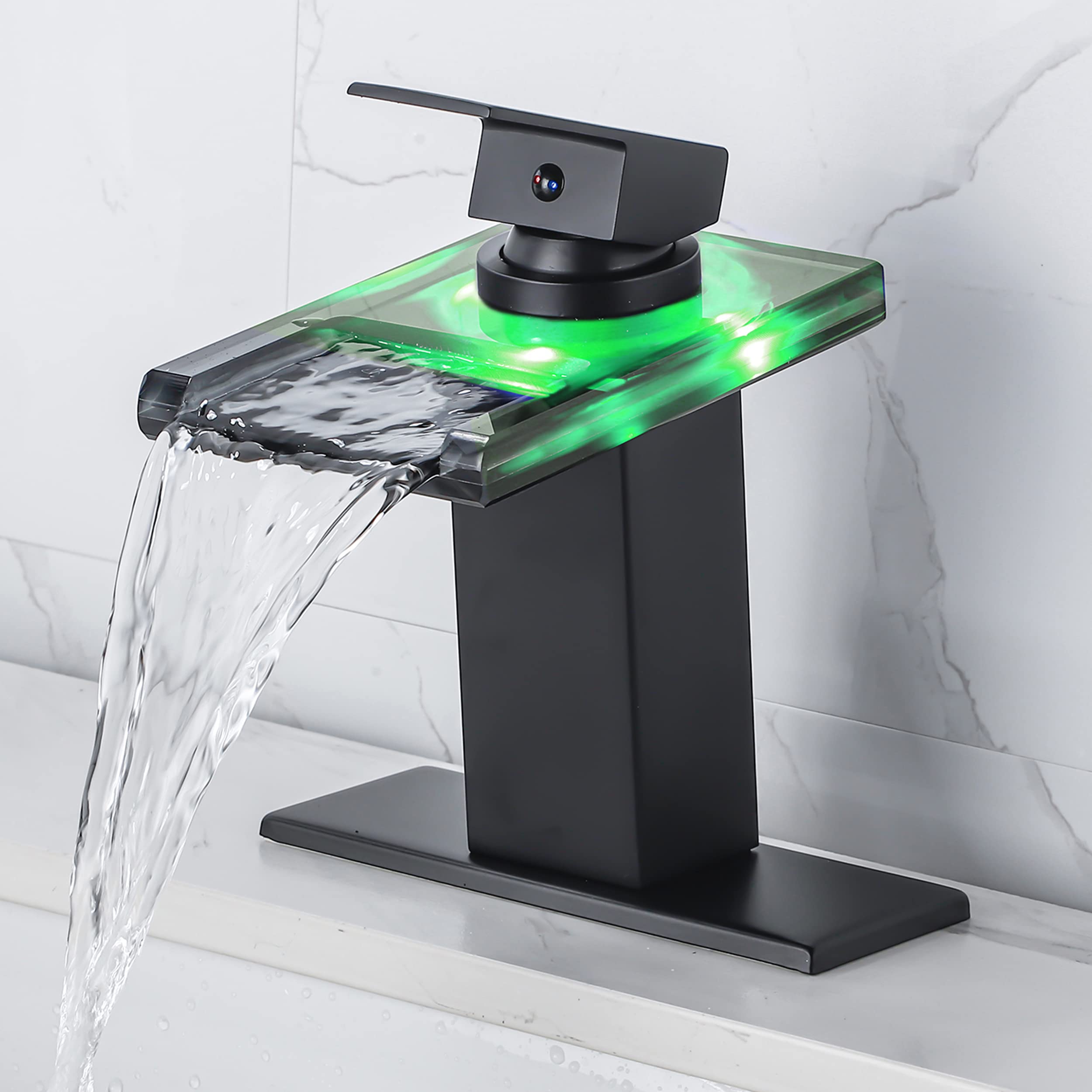 Matte Black LED Bathroom Sink Faucet - Single Hole or 4 Inch Centerset Waterfall Faucet with Temperature-Sensitive Lights & Glass Spout (Includes Deck Plate) - Perfect for Modern Bathrooms, Spa-Like Showers & Luxury Home Decor
