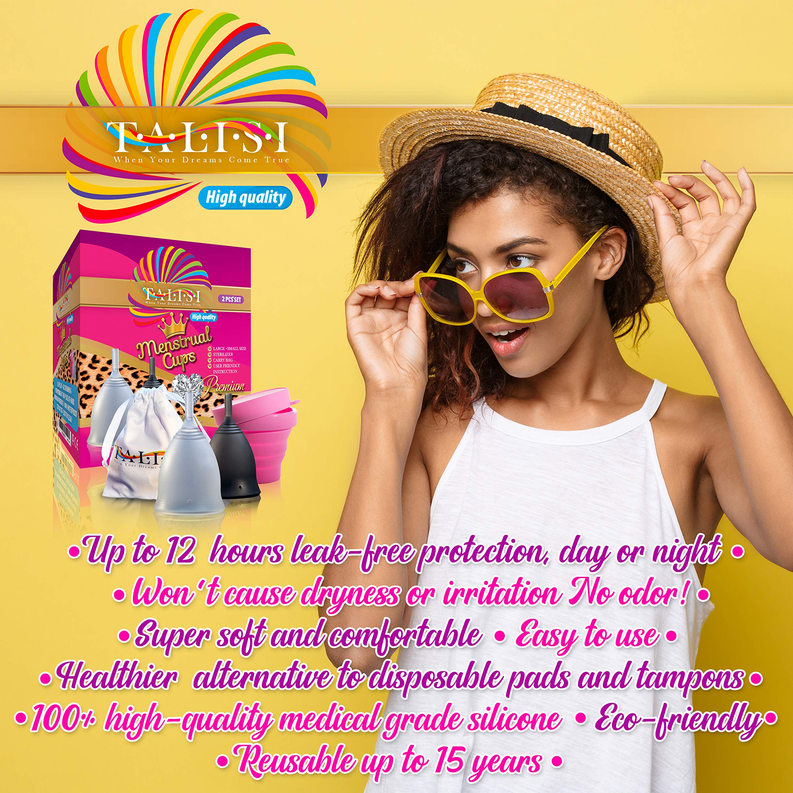 Talisi Reusable Soft Menstrual Cups Set of 2 for Women - Eco-Friendly Period Cup with Collapsible Case & Sterilizer - Regular & Heavy Flow Sizes - Alternative to Tampons & Pads - Perfect for Travel, Sports & Active Lifestyles