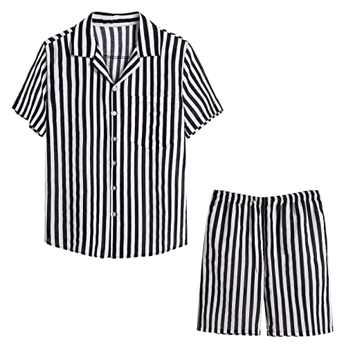 AMTF 2022 Men's 2-Piece Cotton Linen Lounge Set - Classic Fit Striped Button Down Shirt & Drawstring Athletic Shorts | Comfortable Summer Outfit for Home, Travel & Casual Wear