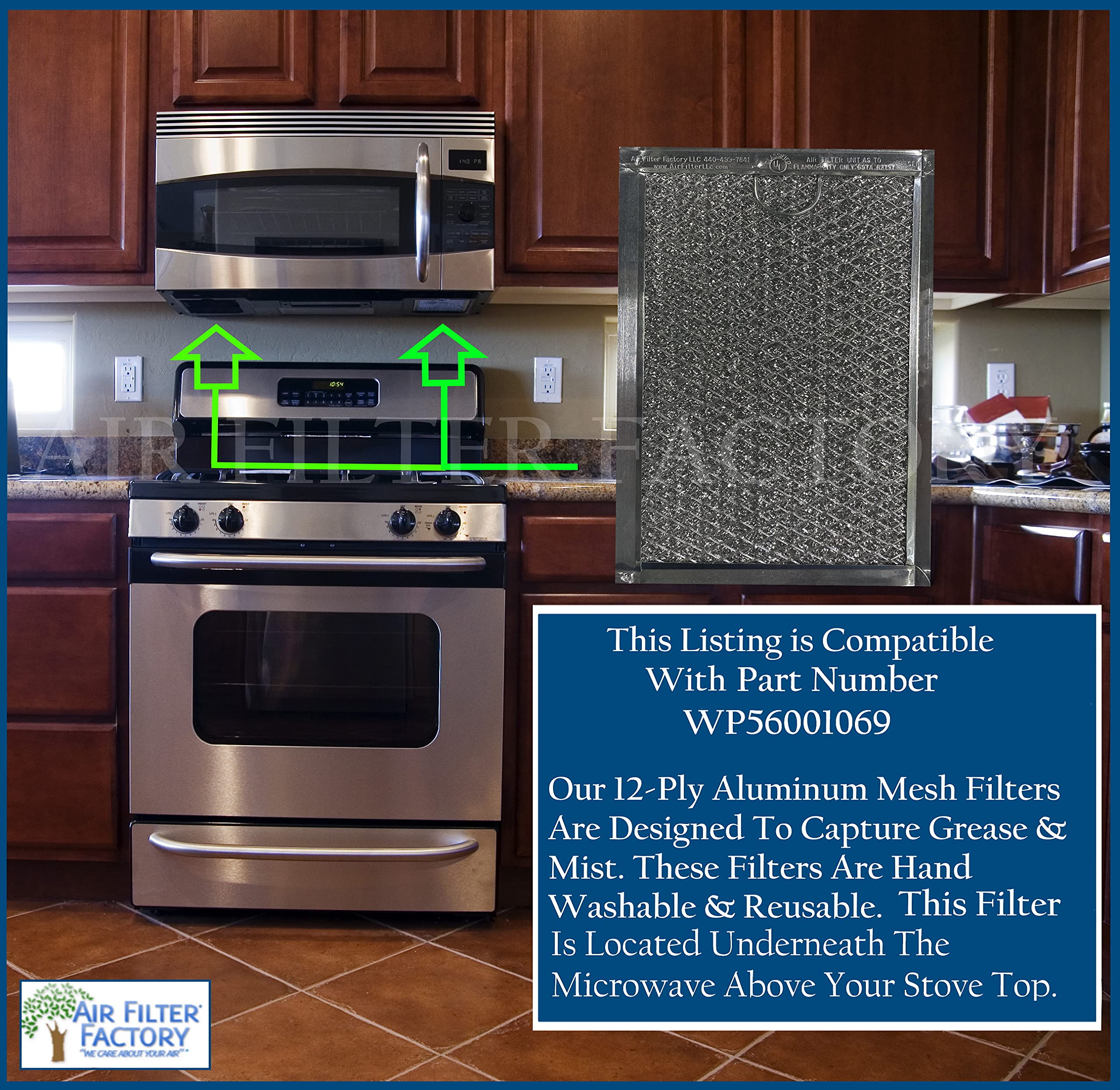 Whirlpool WP56001069 Microwave Oven Air Filter Replacement - 5 x 7.63 x 0.09 Inches, 12-Layer Aluminum Mesh Grease Filter, 2-Pack - Perfect for Kitchen Ventilation & Smoke Reduction