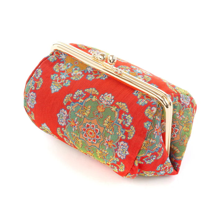 Japanese Nishijin Silk Small Pouch - Floral Red Kyoto Handmade Cosmetic & Makeup Bag | Traditional Gamaguchi Pouch for Travel Toiletry, Stationery & Bag Organizer | Perfect for Daily Use, Gift Giving & Japanese Culture Lovers