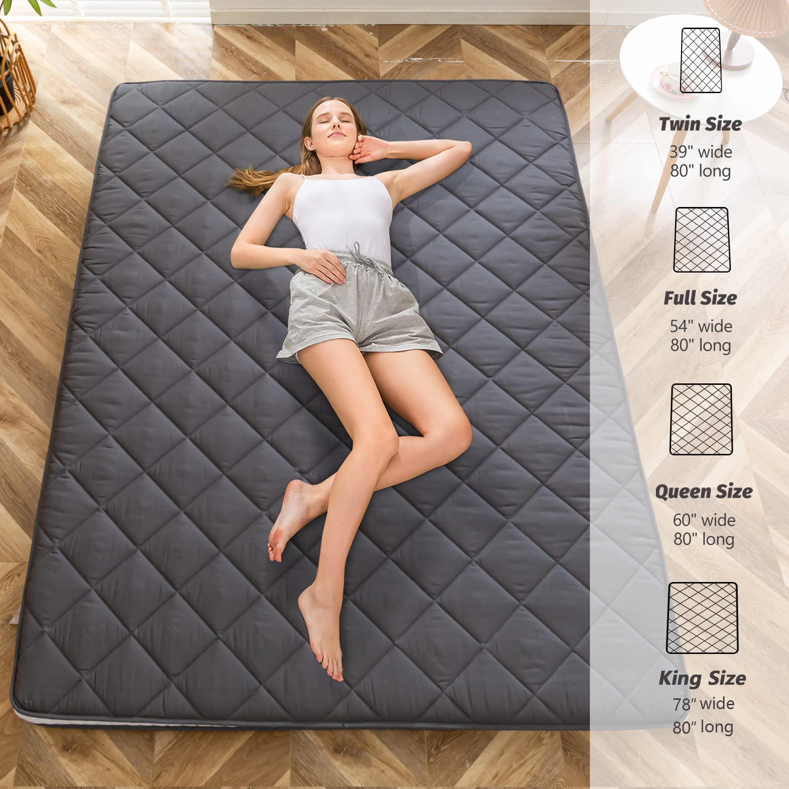 MAXYOYO Japanese Floor Futon Mattress - Full/Queen Size Foldable Floor Bed with Diamond Pattern | Portable Foam Mattress for Adults | Ideal for Guest Rooms, Small Apartments & Camping (Dark Grey)