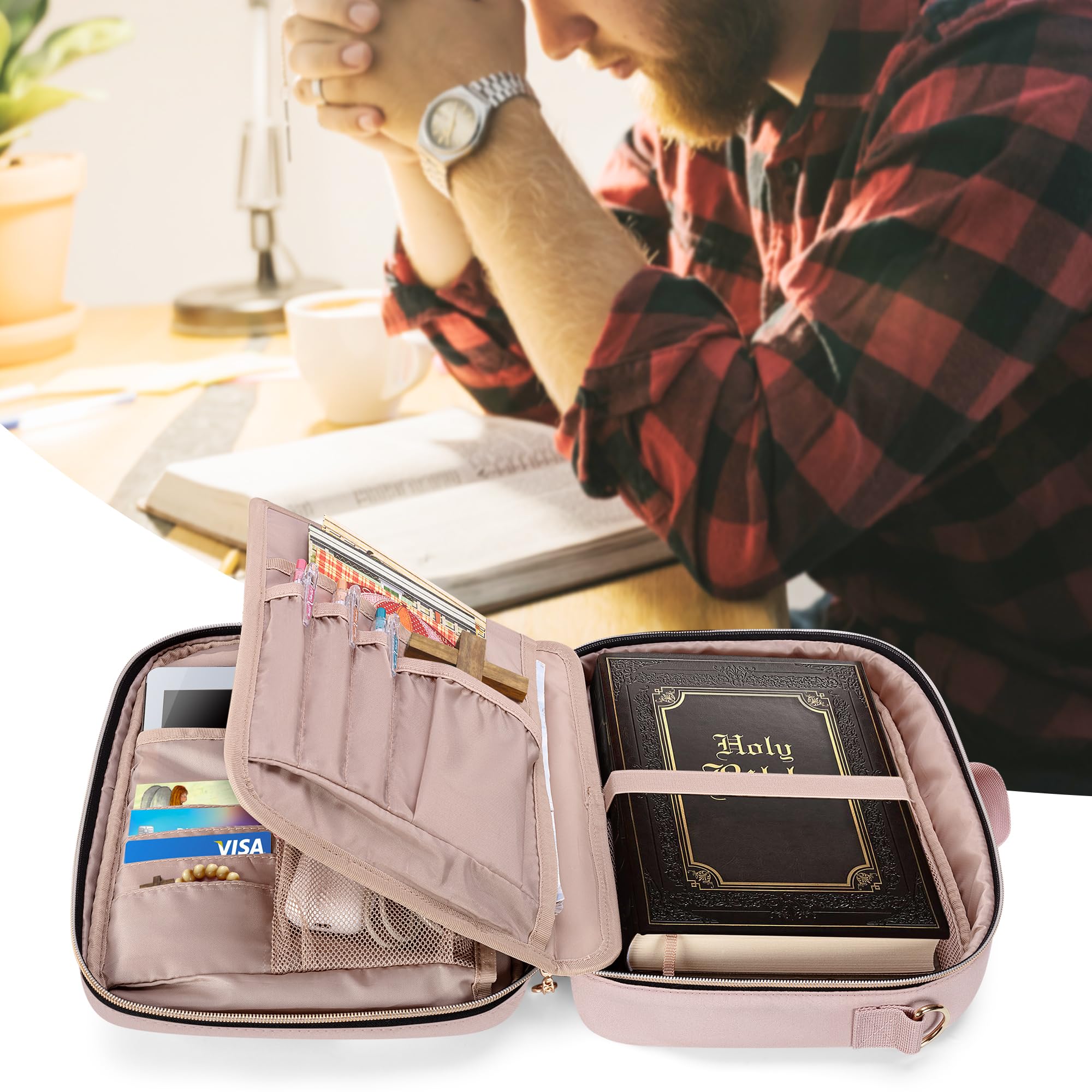 Teamoy Large Bible Cover for Men & Women - Quilted Church Book Bag with Shoulder Strap & Detachable Pen Slots (Pink) - Perfect for Sunday Service, Bible Study & Travel