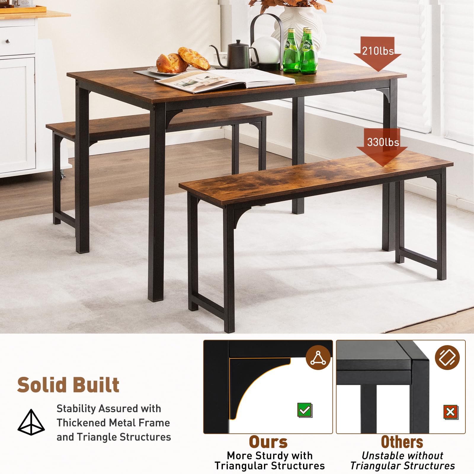 NAFORT 3-Piece Space Saving Dining Table Set for 4 with 2 Benches - 43.5 Inch Compact Kitchen Table with Sturdy Metal Frame & Solid MDF Wood Board - Perfect for Small Apartments, Breakfast Nooks, Restaurants & Outdoor Patio Use