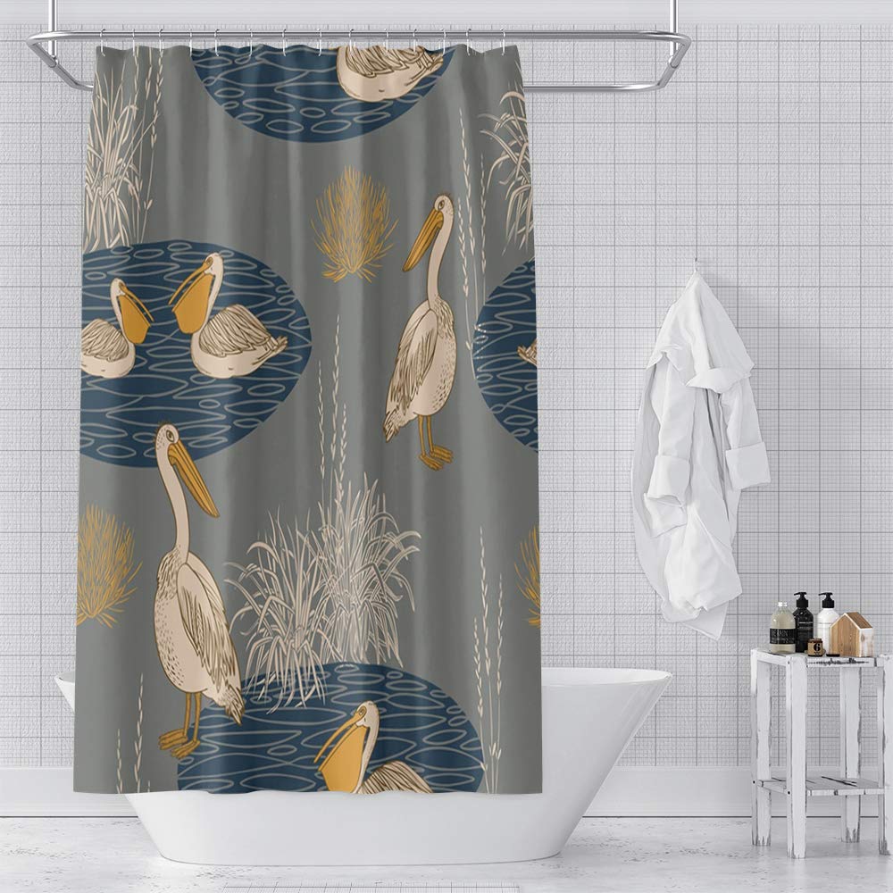 YongFoto 55x71 Inches Vintage Pelican Pond Cartoon Shower Curtain - Waterproof Bathroom Decor with Hooks, Durable Room Divider for Coastal or Nature-Themed Bathrooms