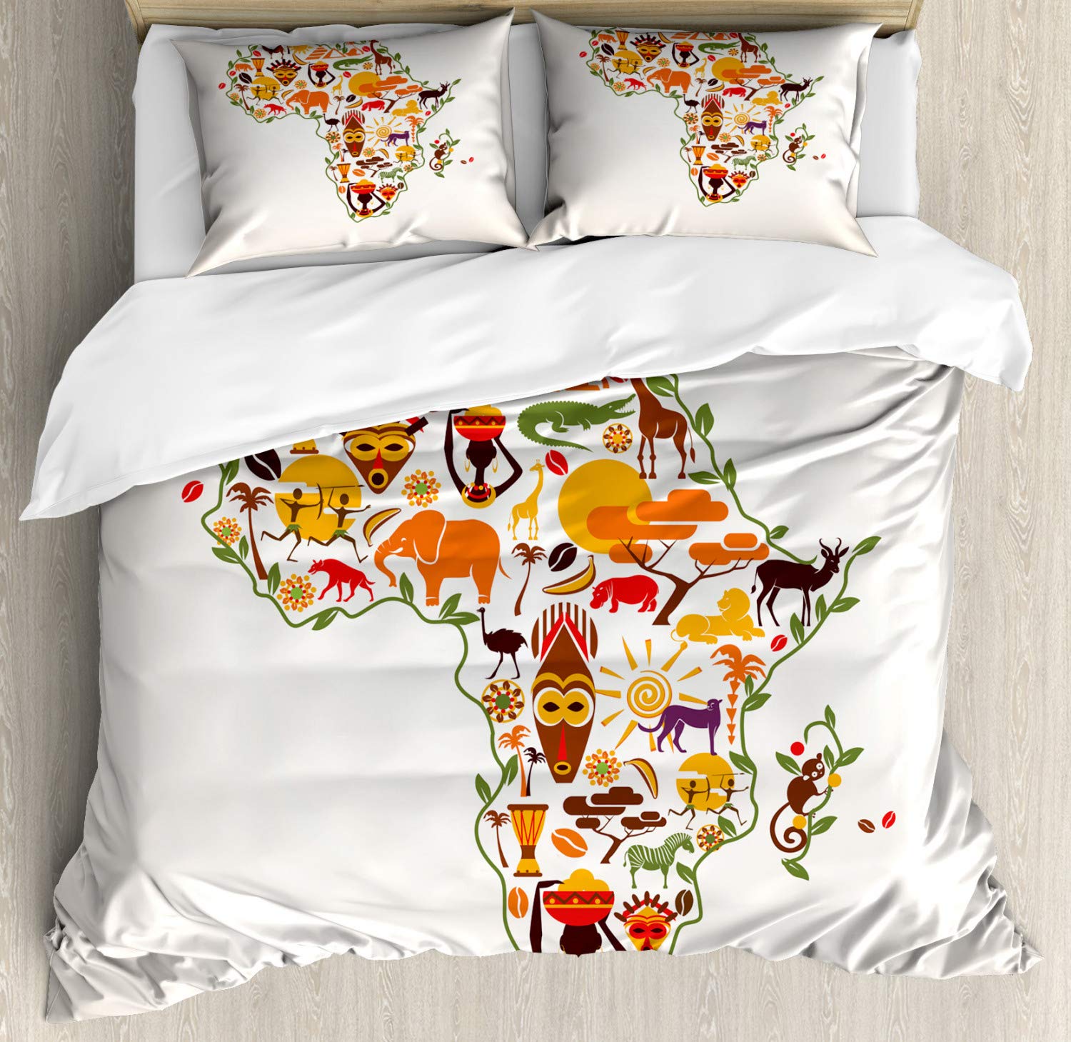 Ambesonne African Duvet Cover Set - Queen Size 3-Piece Bedding with 2 Pillow Shams | Traditional Travel Map Design, Continental Culture Art Craft | Colorful Decorative Bedroom Set for Home & Guest Room Decor
