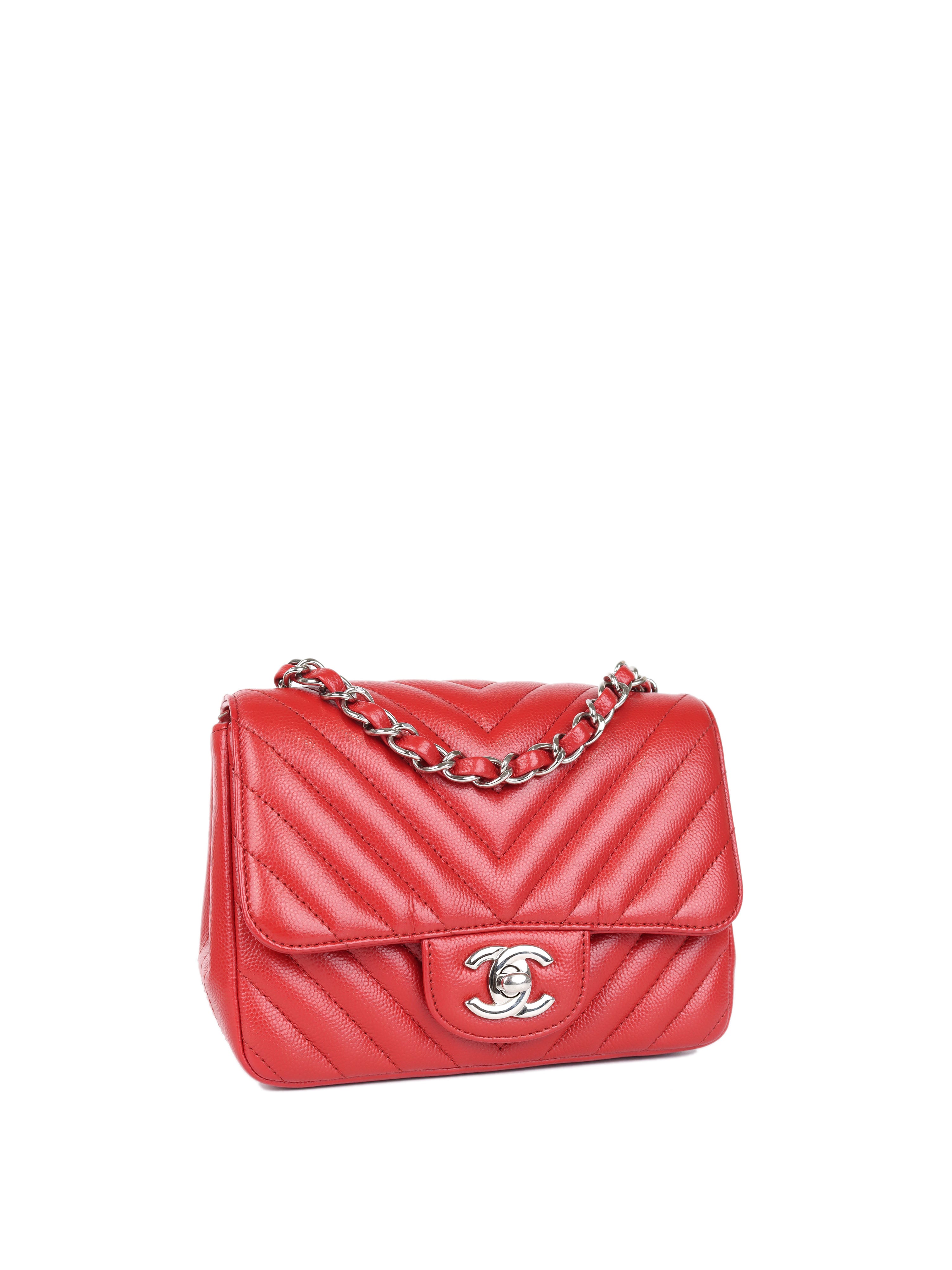 Chanel Red Caviar Chevron Mini Square Classic Flap Bag with Silver Hardware - Luxury Crossbody Purse for Women, Perfect for Evening Parties & Special Occasions