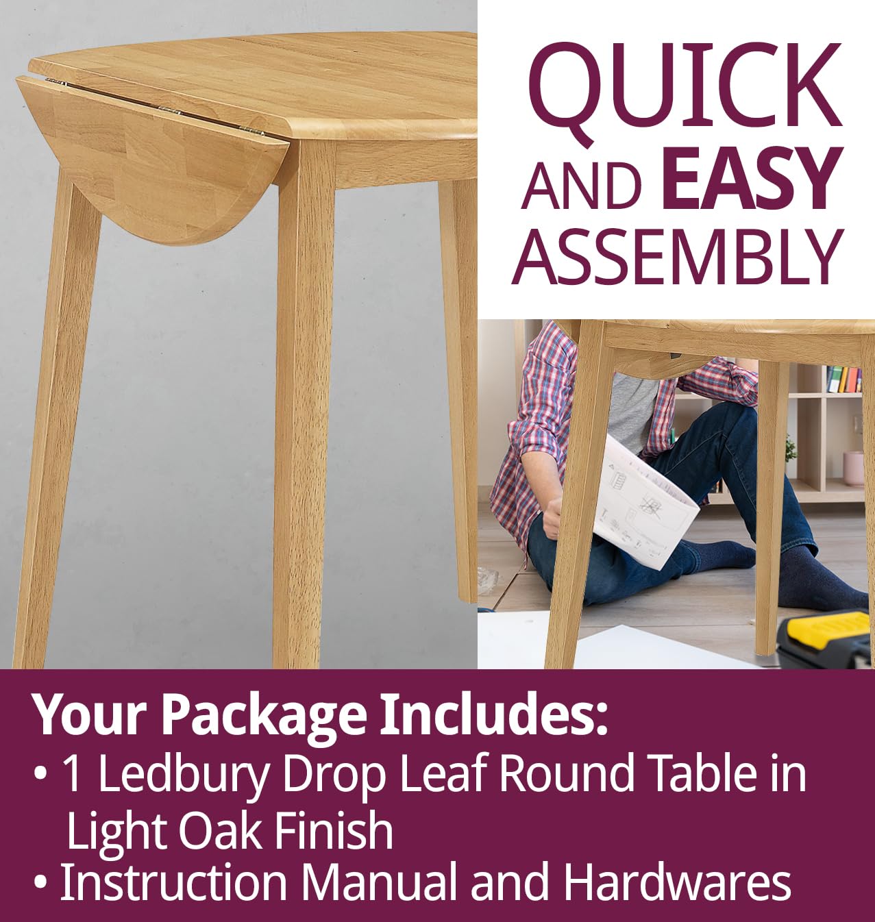 Hallowood Ledbury Small Drop Leaf Round Dining Table - Solid Wood Folding Kitchen Table in Oak Finish for Home, Café & Small Spaces | Perfect for Apartments, Breakfast Nooks & Cozy Dining Areas