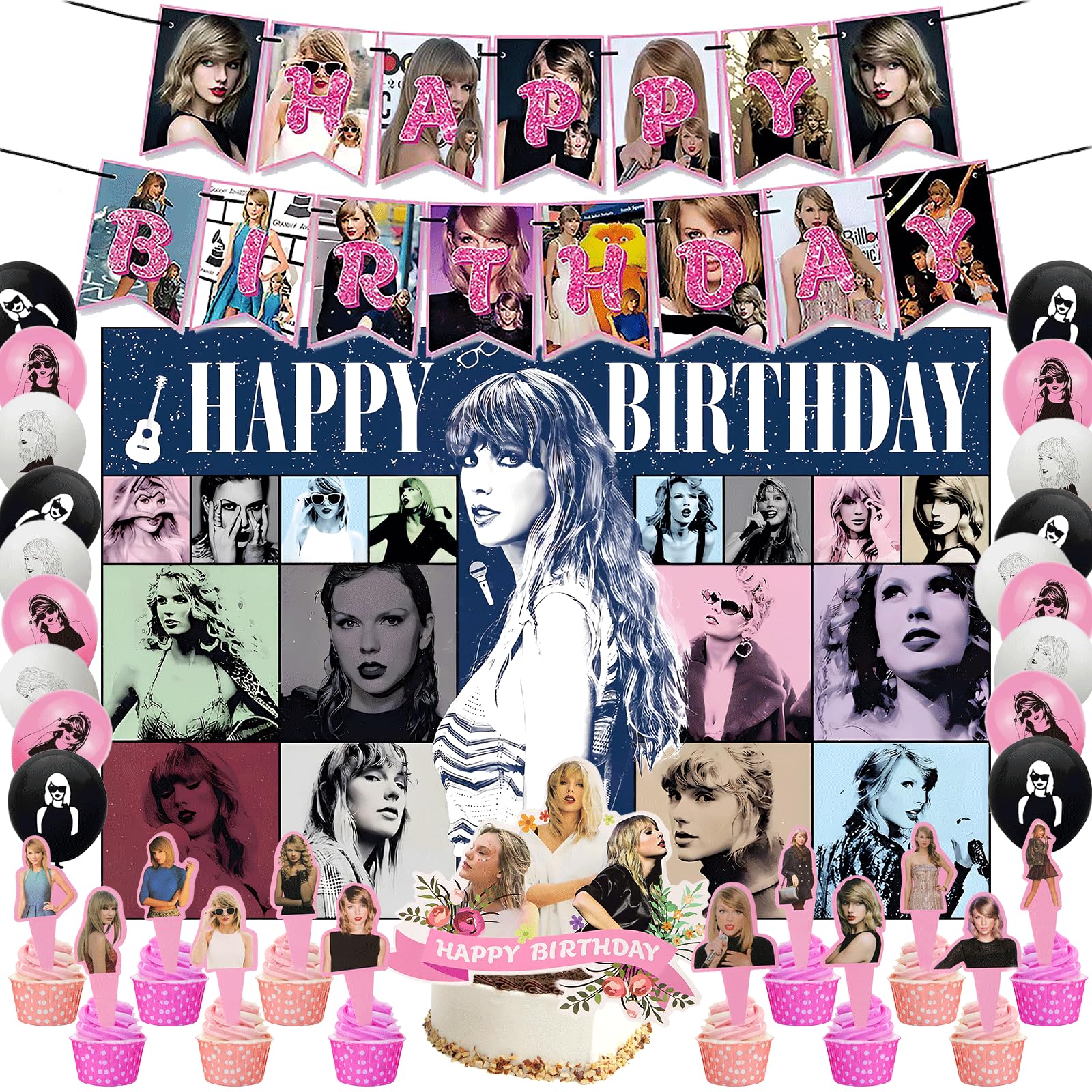 50 PCS Birthday Party Decorations Kit - Includes Banner, Balloons, Backdrop, Cupcake & Cake Toppers - Perfect for Girls, Boys & Fans Birthday Celebrations - Ideal for Home, School & Office Parties