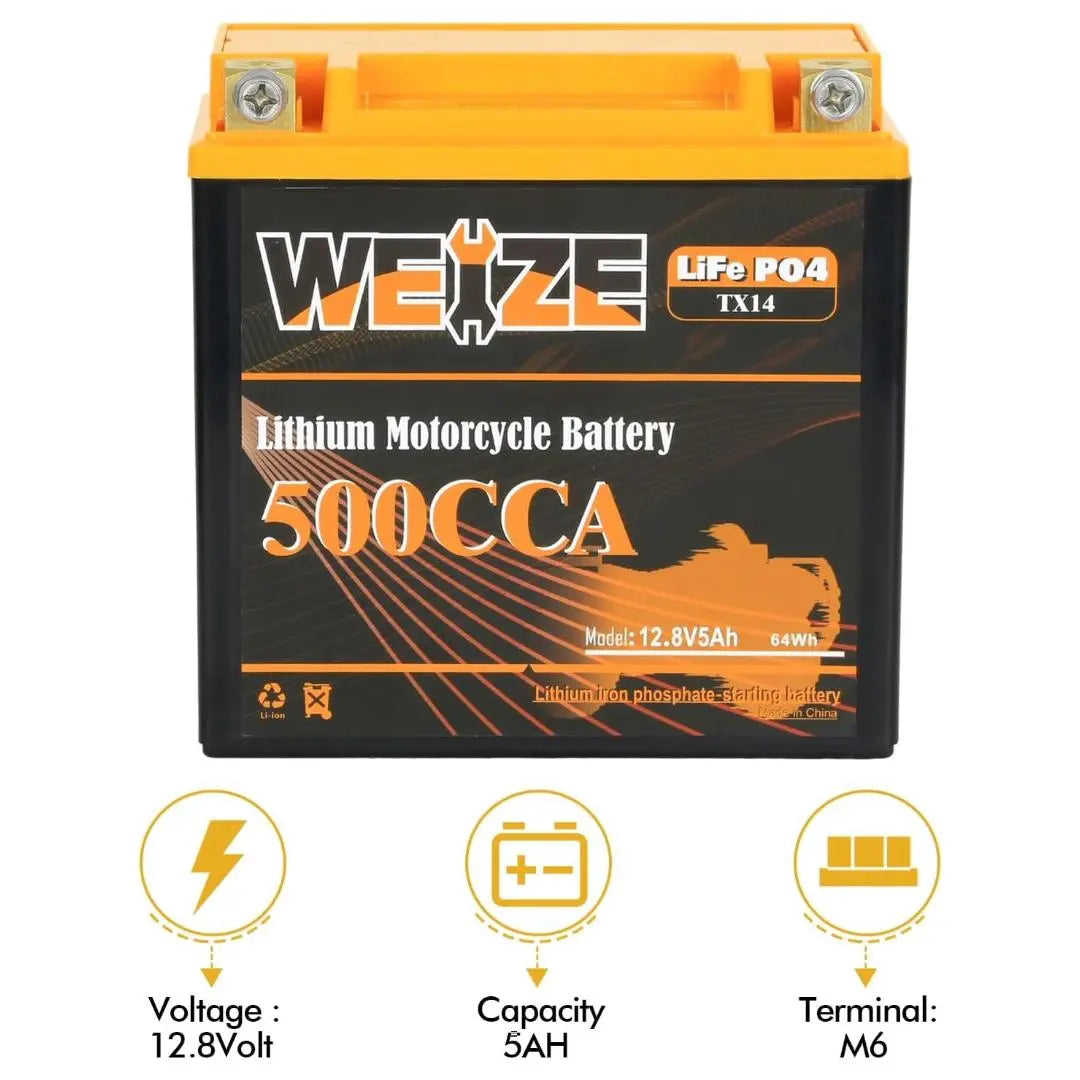WEIZE 12V 5AH Lithium Group 14 LiFePO4 Motorcycle Battery - 500CCA High Performance, Lightweight & Long Lasting - Perfect for Harley, Honda, Yamaha & Other Motorcycles, ATVs, Scooters & Powersports Vehicles