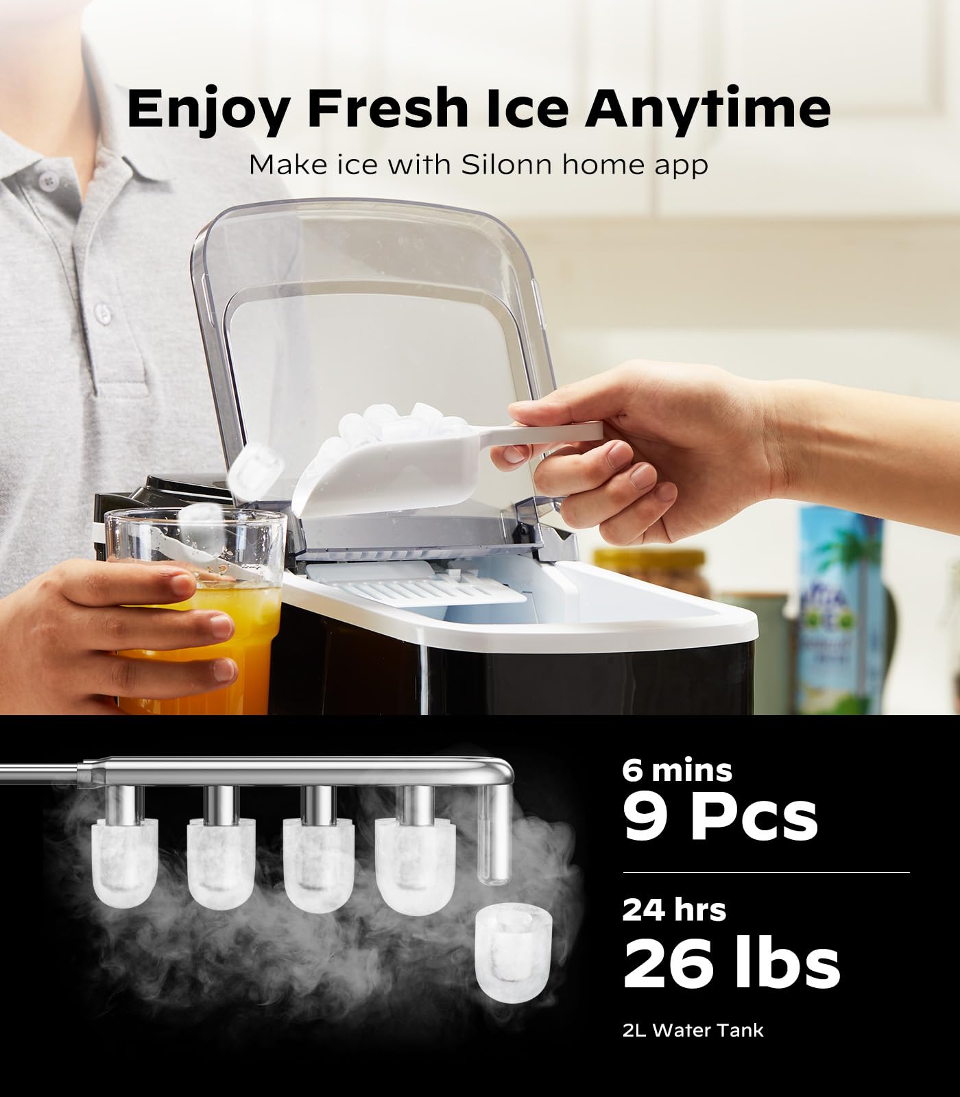 Silonn Smart Countertop Ice Maker - Compact & Portable Ice Machine with App Control, Makes 9 Cubes in 6 Minutes, 26 lbs Daily, 2 Ice Sizes, Self-Cleaning Function - Perfect for Home Kitchen, Office, RV & Outdoor Use