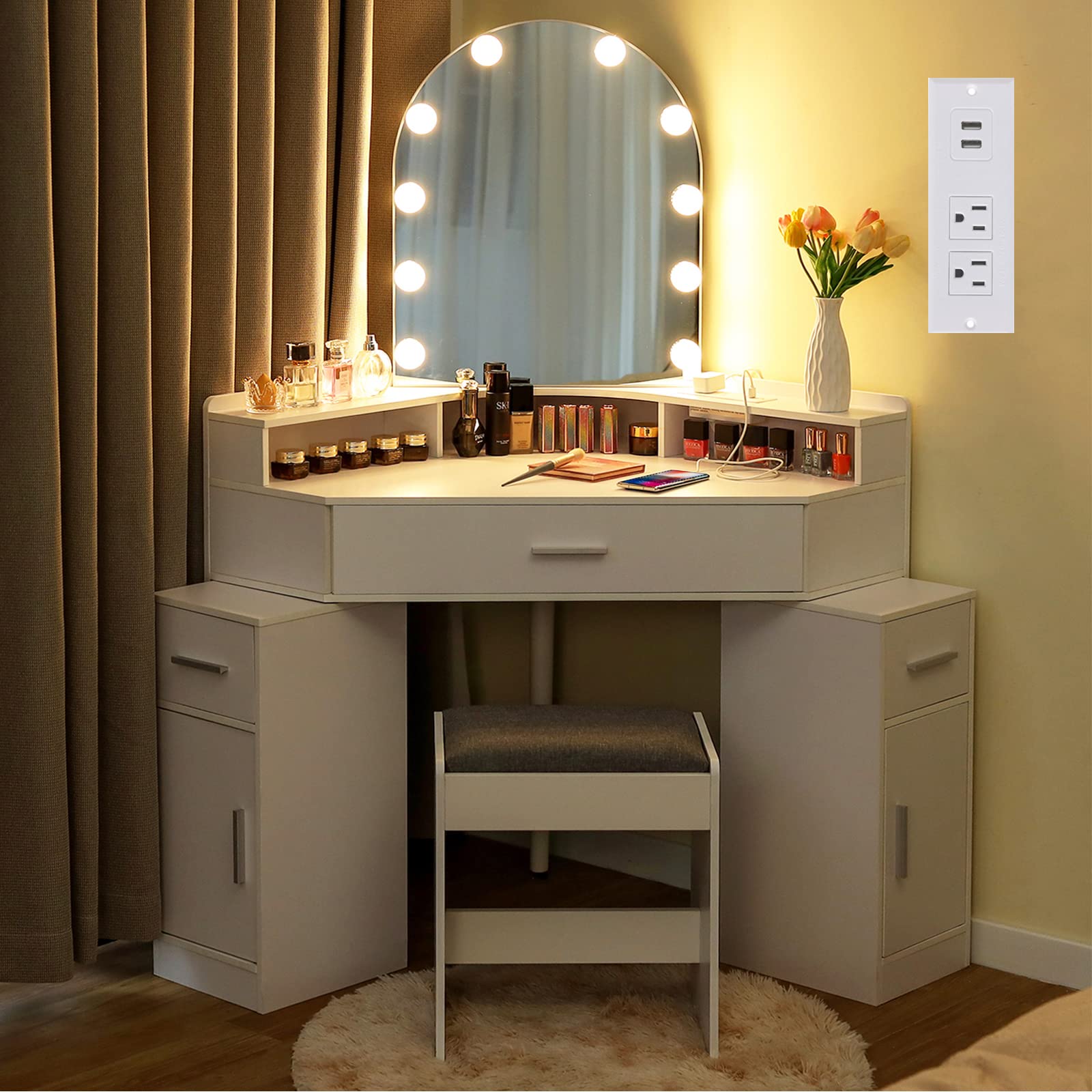 White Vanity Desk with Mirror, Lights & Charging Station - 3 Drawers, Retractable Cabinets & Cushioned Stool - Makeup Dressing Table for Bedroom, Home Office & Christmas Gifts