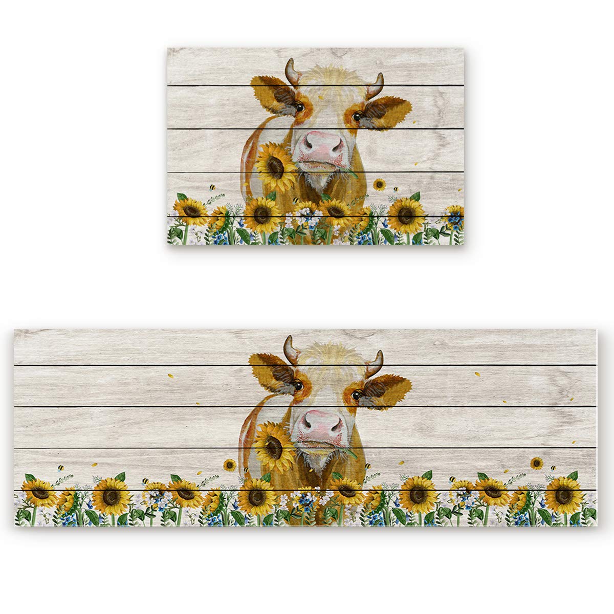 2-Pack Non-Slip Anti-Fatigue Kitchen Mats - Sunflower Cow Print Waterproof & Oil-Resistant Standing Mats for Comfort - Farmhouse Style Rustic Wood Design - Perfect for Kitchens, Laundry Rooms, and Standing Workstations