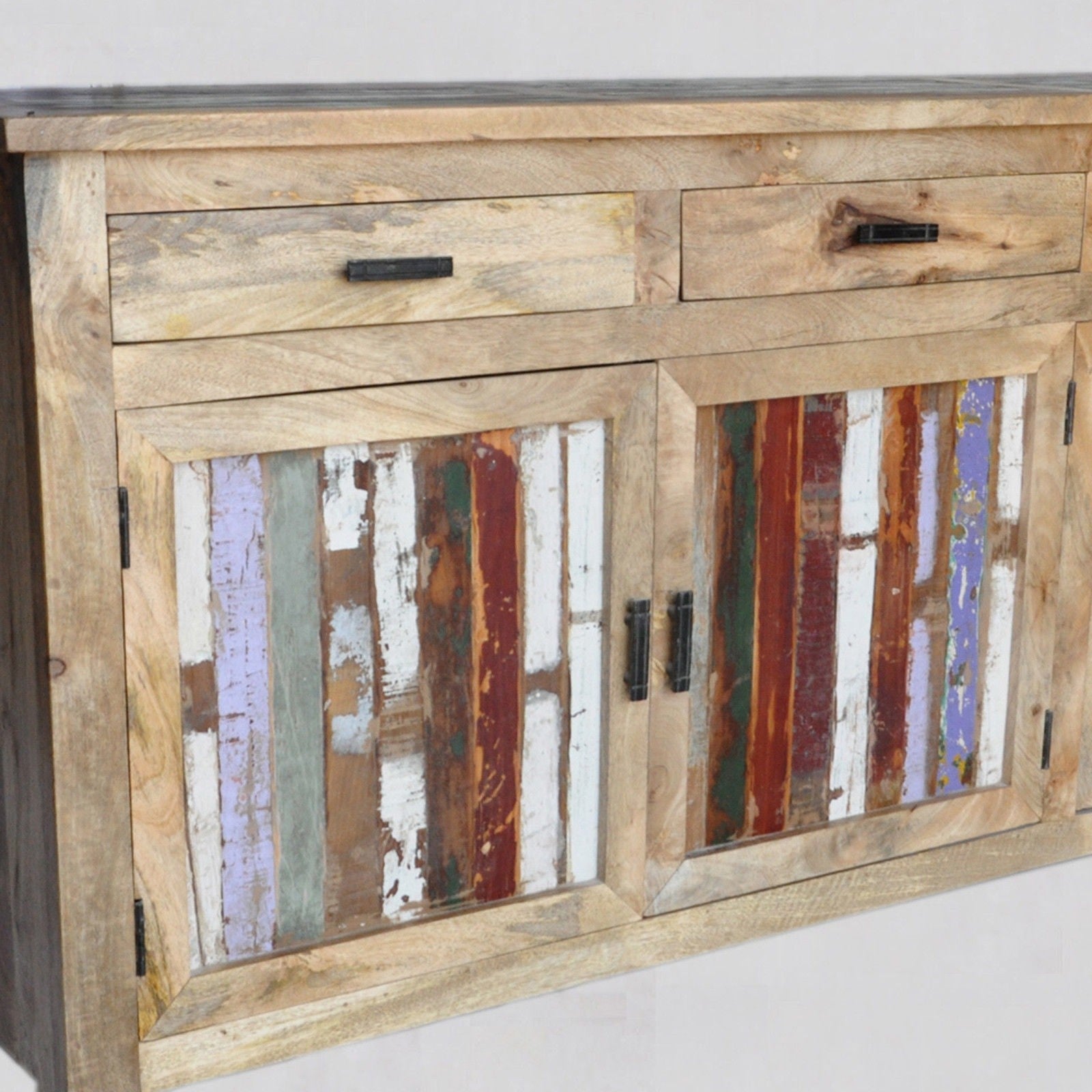 Reclaimed Wood & Mango Wood Large Sideboard Buffet Hutch - Natural Finish 180-200cm - Rustic Dining Room Storage Cabinet for Farmhouse Decor