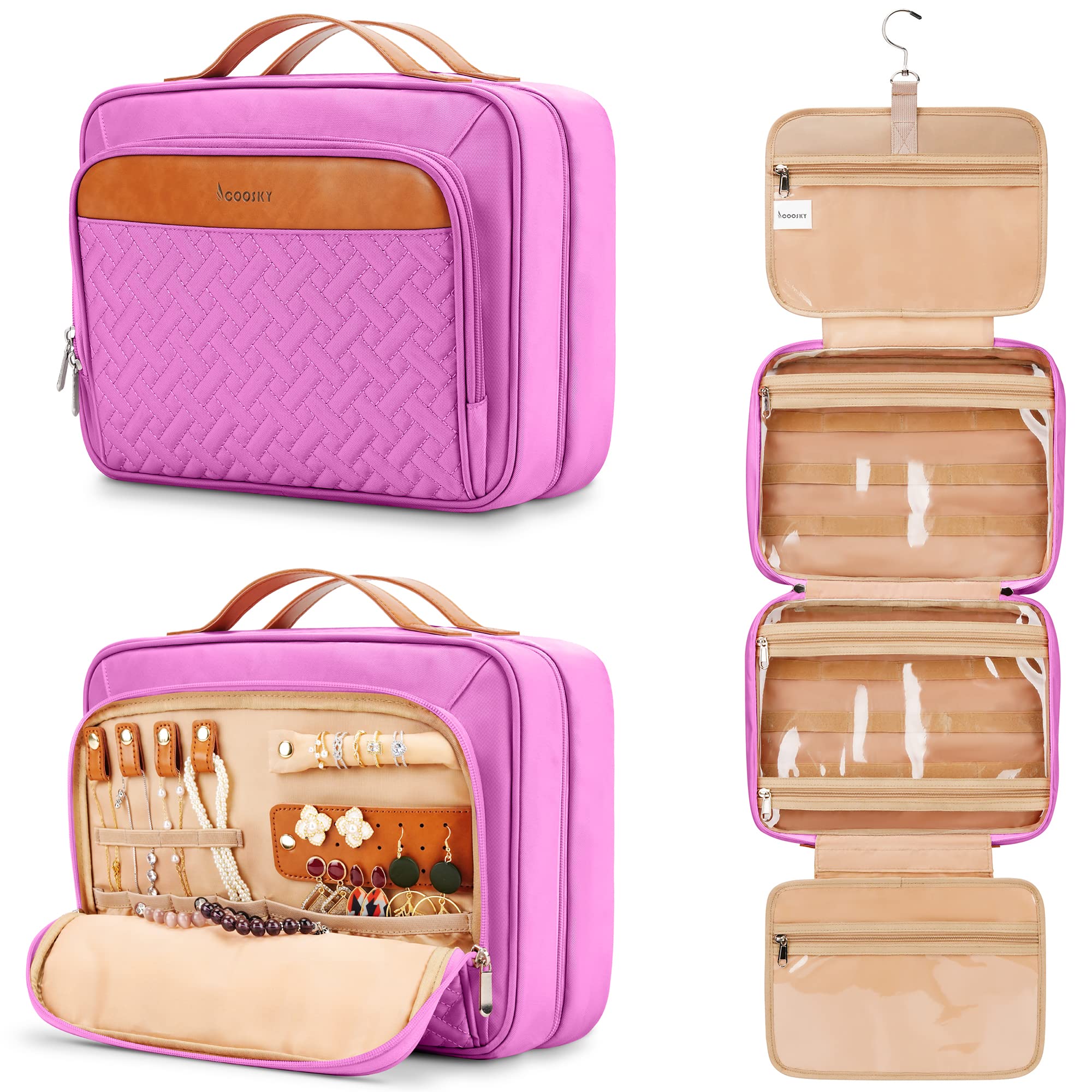 Extra Large Waterproof Travel Hanging Toiletry Bag for Women - Holds Full-Size Shampoo & Cosmetics with Jewelry Organizer - Perfect for Airplane, Gym, Camping & Business Trips - Purple Cosmetic Bag with Trolley Belt