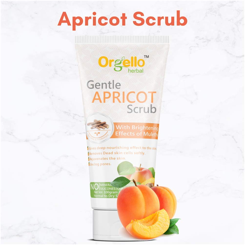 Orgello Herbal Exfoliating & Whitening Apricot Face Scrub (2 x 100g) - Natural Skincare for Normal, Oily & Dry Skin - Enriched with Licorice, Turmeric & Neem Oil - SLS & Paraben Free - Gentle Exfoliation for Brighter, Smoother Skin - Perfect for Daily Facial Cleansing & Glow Boosting