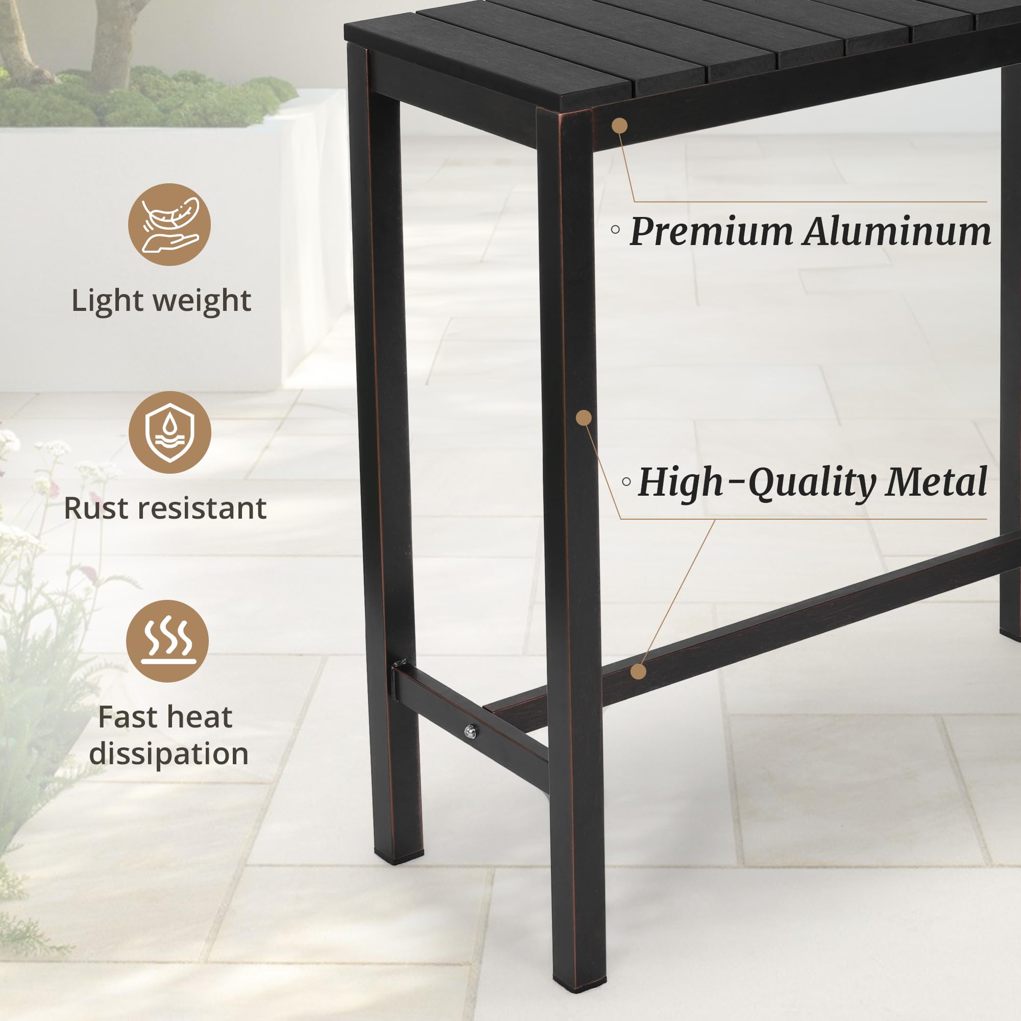 Outdoor Bar Height Table and Chairs Set - 3-Piece Black Patio Pub Set with 45