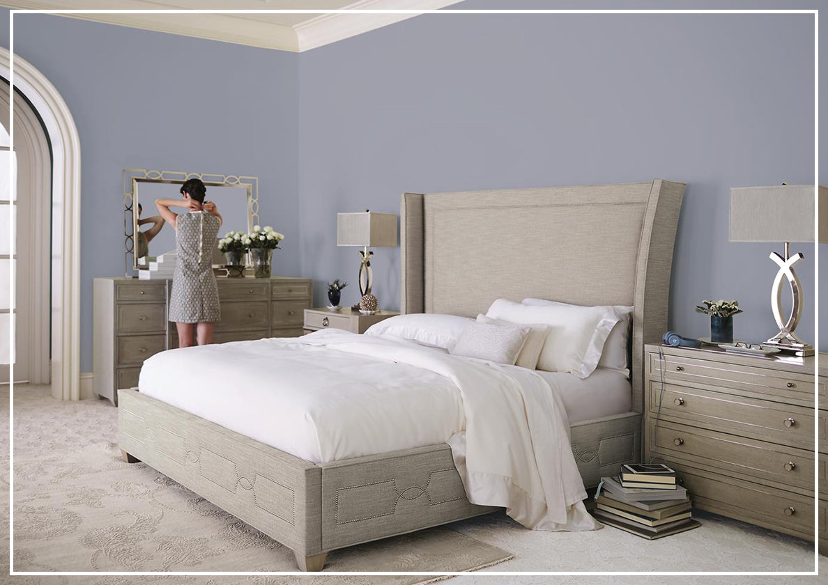 Bernhardt Criteria Shelter Olive Grey Upholstered King Size Bed Frame - Luxurious Modern Bedroom Furniture for Master Suite & Guest Room Decor
