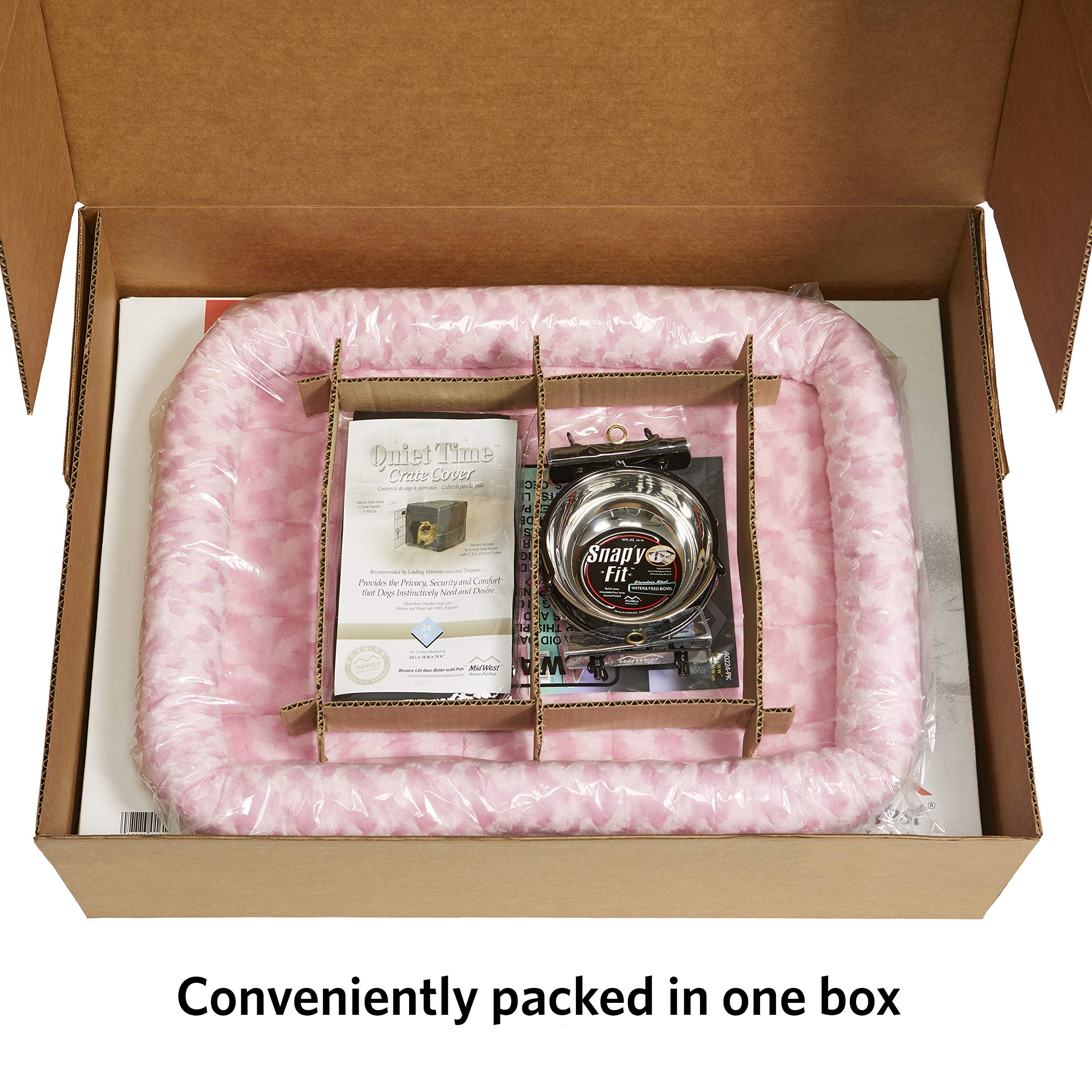 MidWest Homes for Pets iCrate 24-Inch Dog Crate Starter Kit for Small Dogs up to 25 lbs - Includes Pet Crate, Comfort Bed, 2 Stainless Steel Bowls & Pink Crate Cover - Perfect for Home, Travel & Training (1524PK-KIT)
