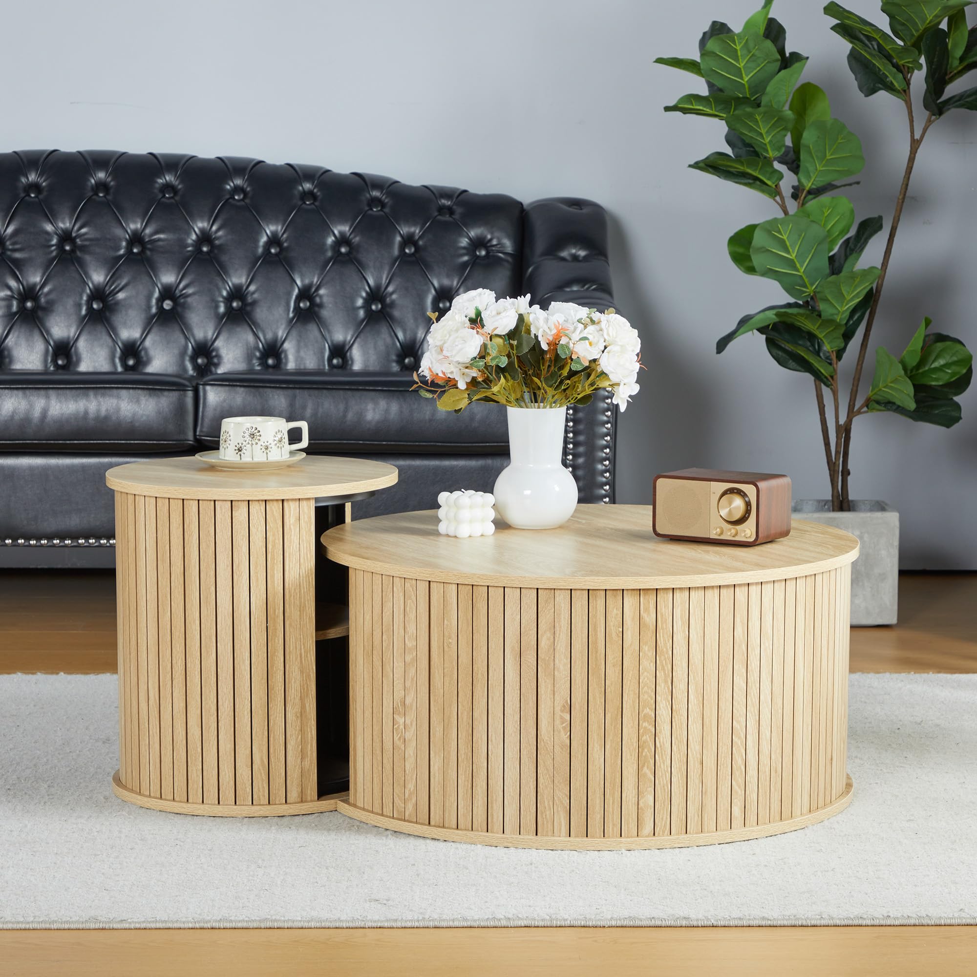 Nesting Coffee Table Set of 2 - Round Wooden Side Tables for Living Room, Office & Balcony | Modern Circle Coffee Tables in Natural Wood Finish | Perfect for Small Spaces, Home Decor & Coffee Time