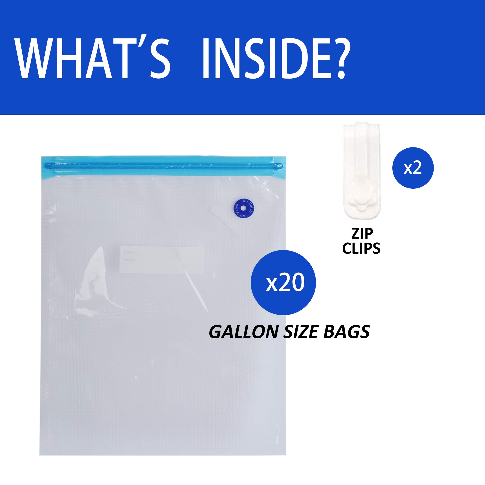 HESTIA 20-Pack Gallon Vacuum Storage Bags with Zipper - Clear Blue Plastic Food Saver Bags for Vacuum Sealer | Perfect for Meal Prep, Sous Vide & Long-Term Food Preservation