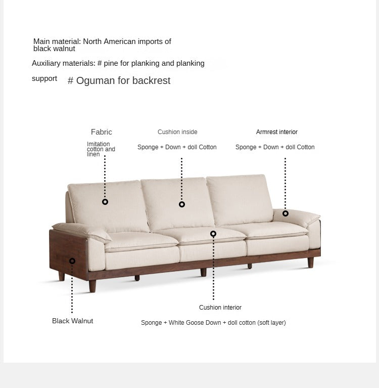 Premium Black Walnut & Ash Solid Wood High Back Sofa - Modern Farmhouse Living Room Furniture for Comfortable Seating & Relaxation - Perfect for Home, Office, or Lounge Areas