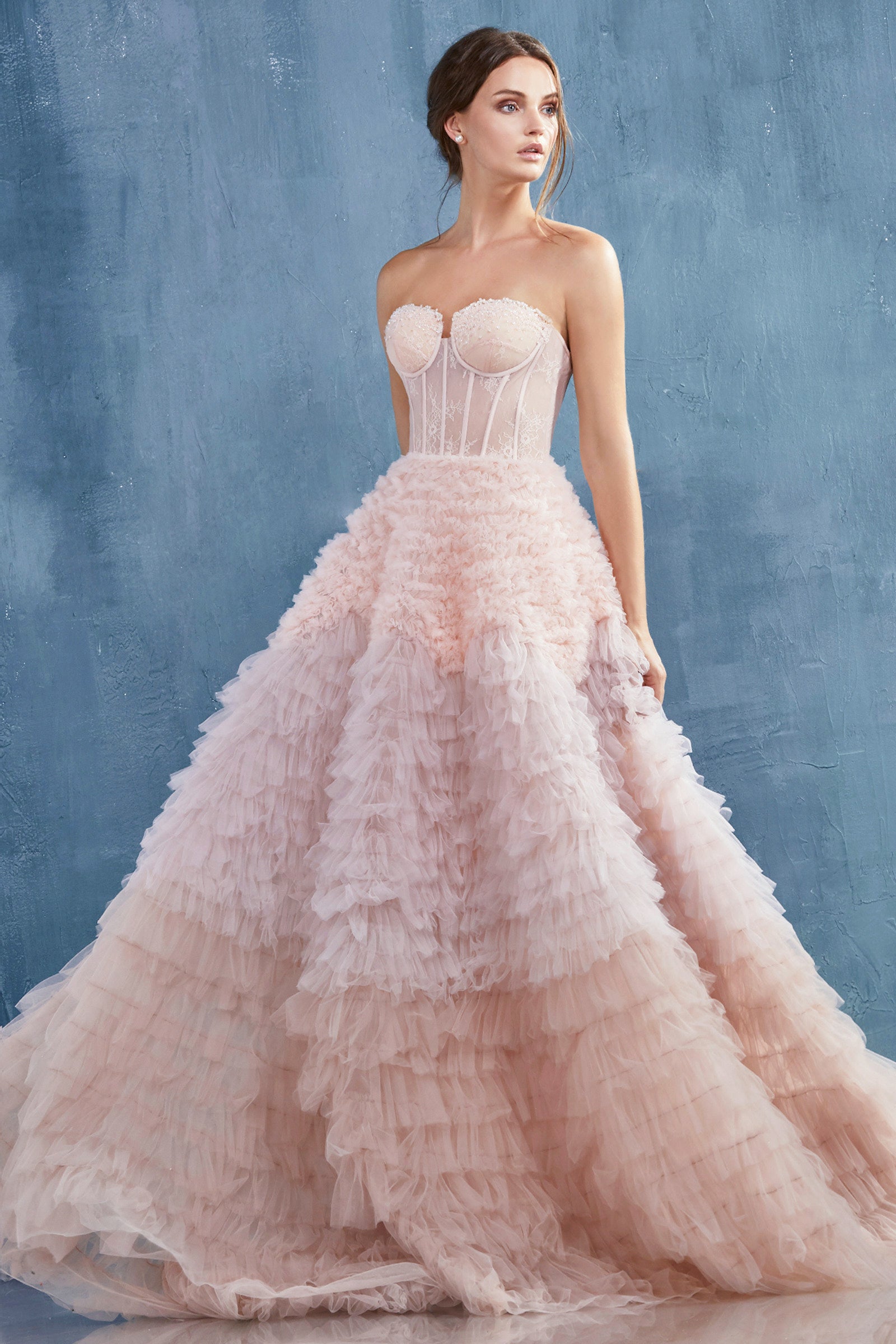 Strapless Faux Corset with Ruffled Ombre Ball Gown - Andrea & Leo Wedding Dress for Prom, Evening Gala & Special Occasions