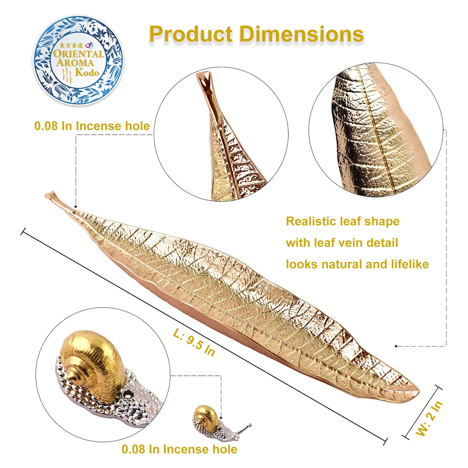 U-MATE Alloy Lucky Leaf & Cute Snail Incense Stick Holder Burner with Ash Catcher - Oriental Aroma Kodo Set for Home Decor, Meditation, Yoga & SPA (Gold) - Perfect for Relaxation, Zen Spaces & Aromatherapy