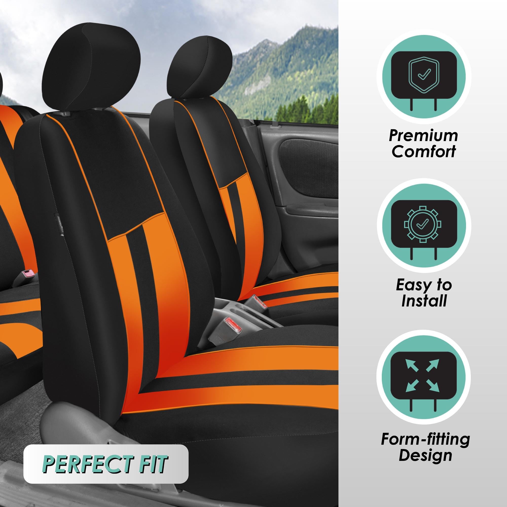 FH Group Universal Fit Car Seat Covers Full Set - Breathable Cloth Fabric, Airbag Compatible, Split Bench Design for SUV, Sedan, Van (Orange) | Perfect for Road Trips, Daily Commutes & Protecting Seats from Pets, Spills & Wear