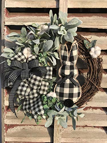 Easter Lambs Ear Plaid Bunny with Black & Ivory Buffalo Plaid Bow - Perfect for Easter Decorations, Spring Home Decor, and Gift Baskets
