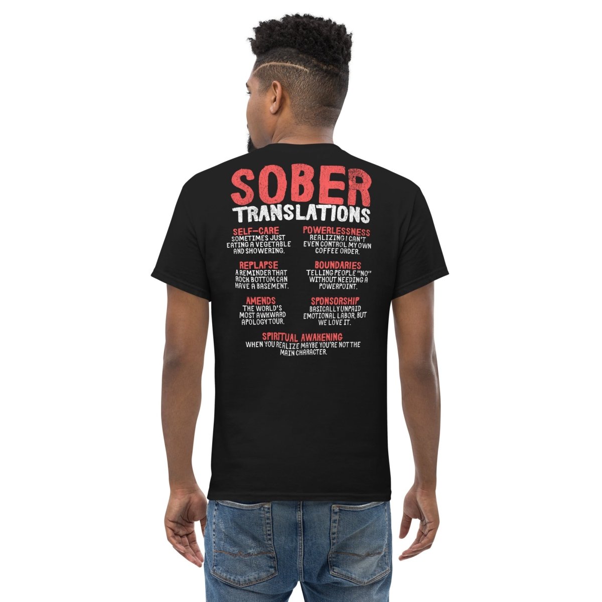 Sober Translations Volume 3 Essential T-Shirt - Wings of Recovery Embroidered Design (Front & Back Print) | Motivational Recovery Apparel for AA Meetings & Sober Living