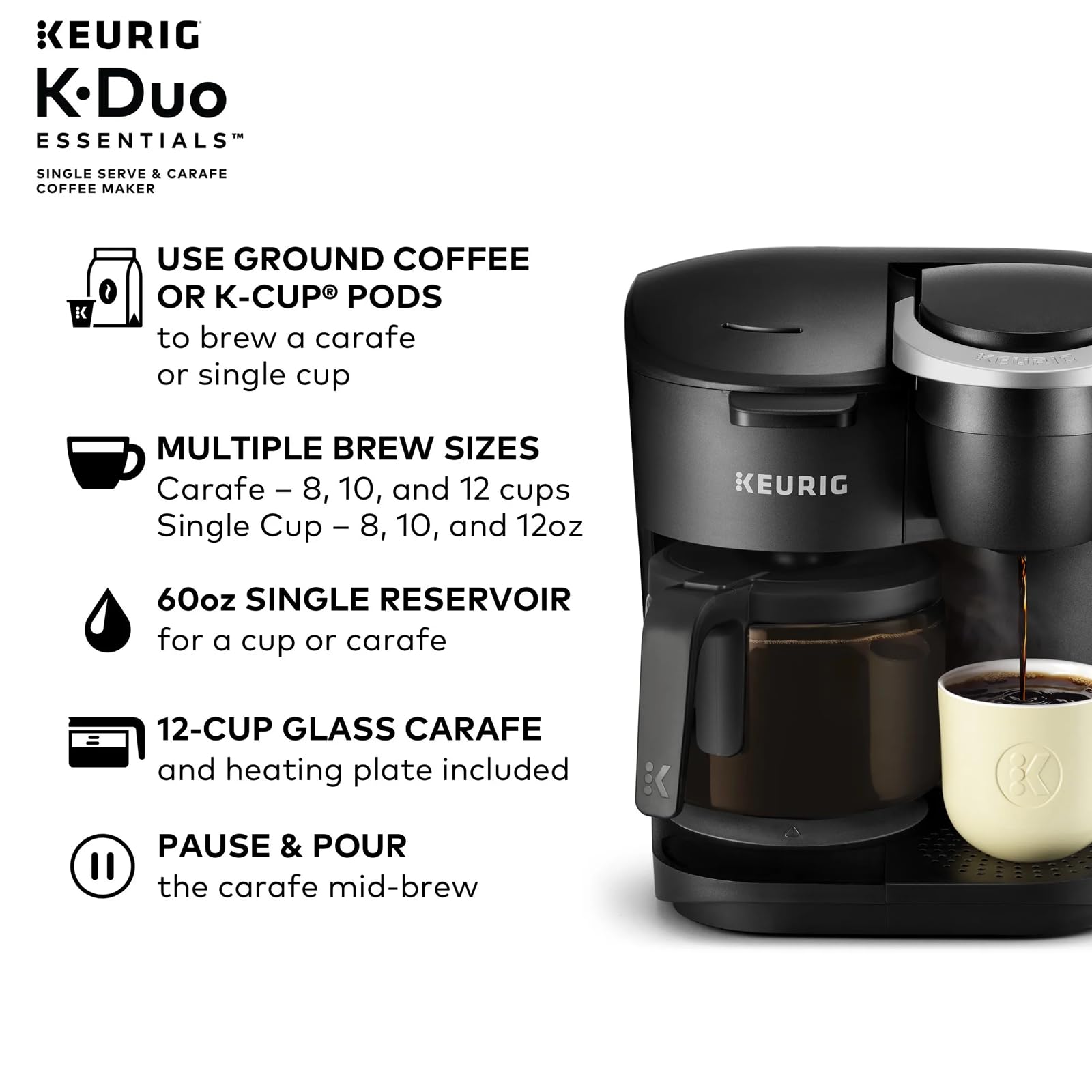 Keurig Single-Serve K-Cup Pod Coffee Maker - Essentials Black Coffee Machine with Cleaning Cloth for Home, Office & Dorm Use