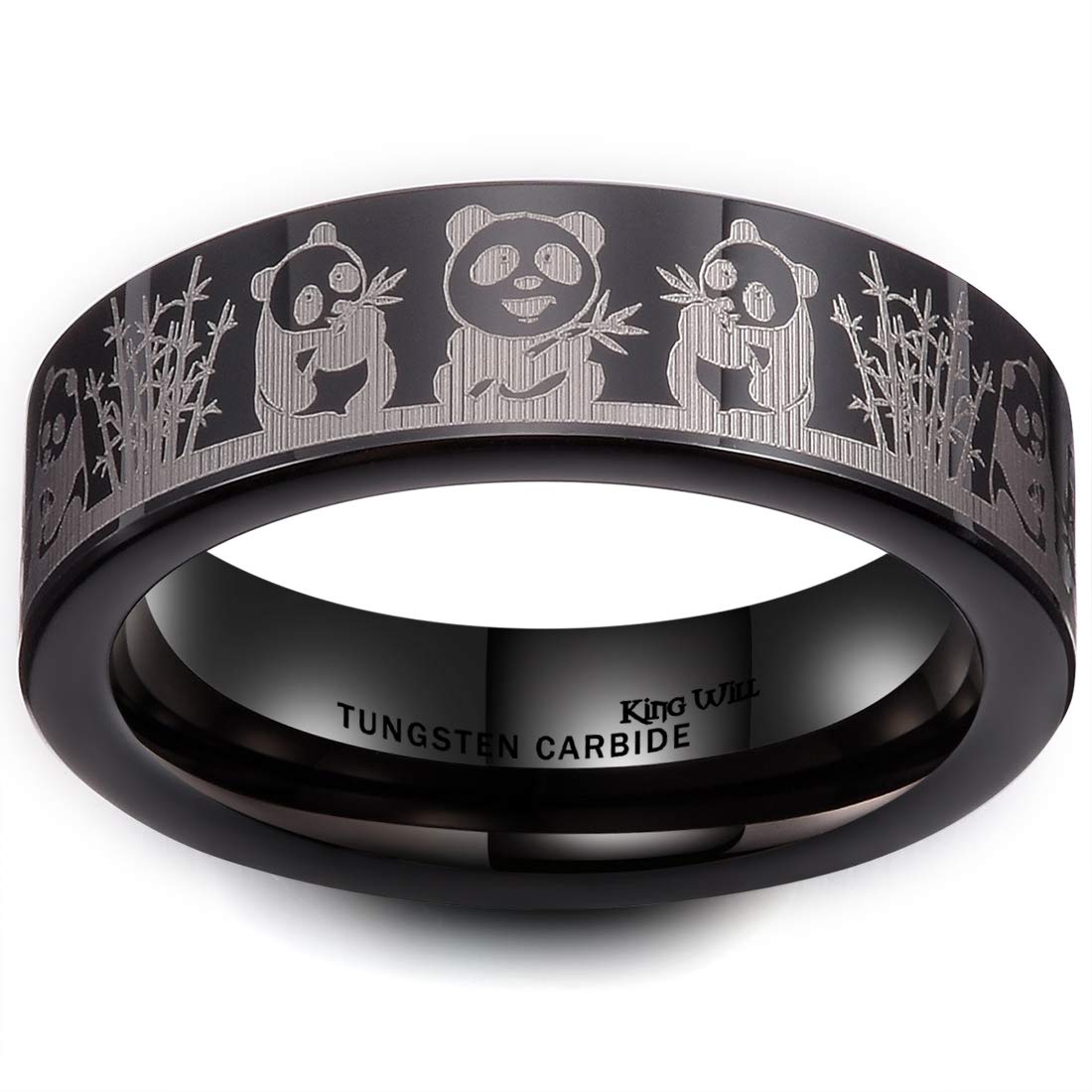King Will 6mm & 8mm Black Silver Tungsten Carbide Wedding Band - Laser Engraved Seagull, Forest Landscape & Panda Designs - Durable Brushed Finish Rings for Men & Women - Perfect for Anniversaries, Engagements and Everyday Wear