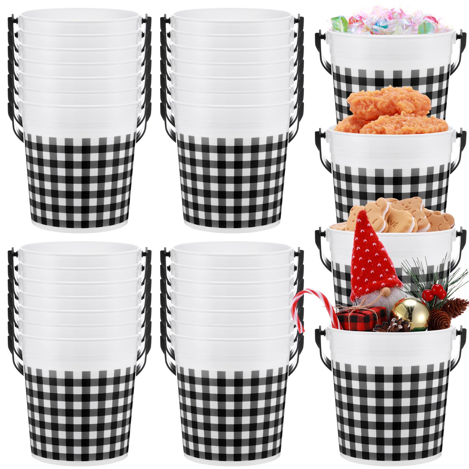 24-Piece Set of 32 oz Plastic Buckets with Handles - Durable Grid Design for Home, Kitchen, Party Decor | Perfect for Candy Storage, Flower Vases, Toy Baskets & Winter Holiday Celebrations
