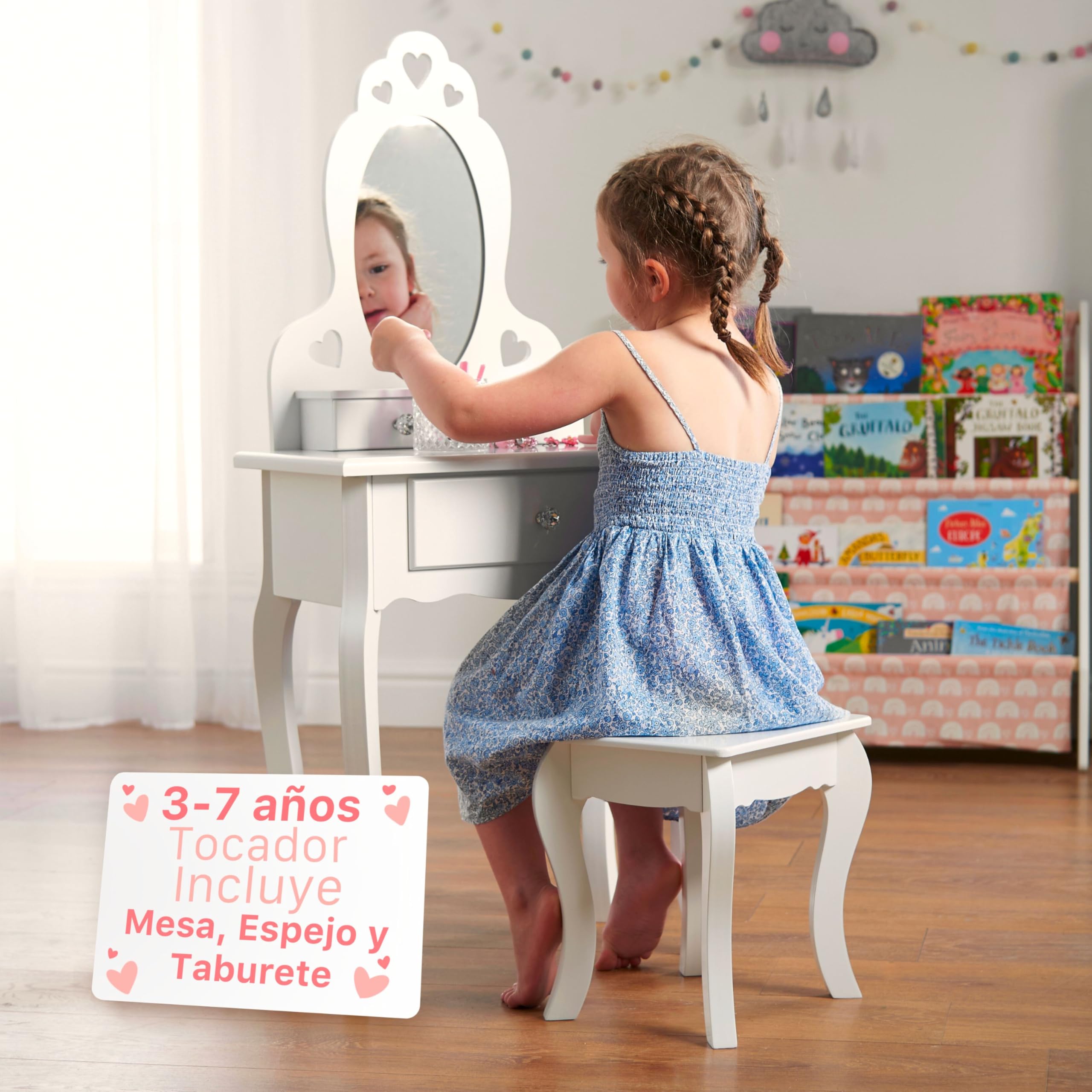 Girl's Wooden Makeup Vanity Set with Stool & Mirror - Kids Bedroom Furniture for 3-7 Years Old - Perfect Birthday Gift