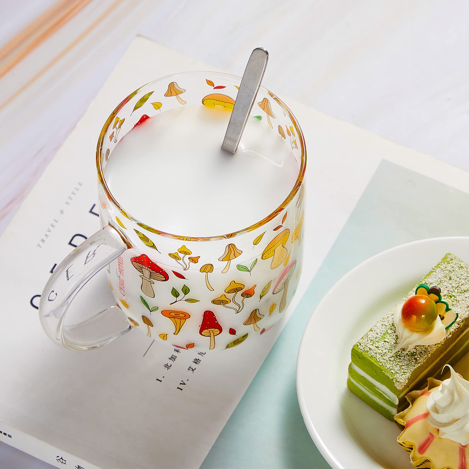 CHENGU 15 oz Clear Mushroom Glass Mug with Handle & Stainless Steel Spoon - Perfect for Coffee, Tea, Milk - Unique Gift for Christmas, Thanksgiving, Birthday - Cute Home Decor & Kitchen Accessory